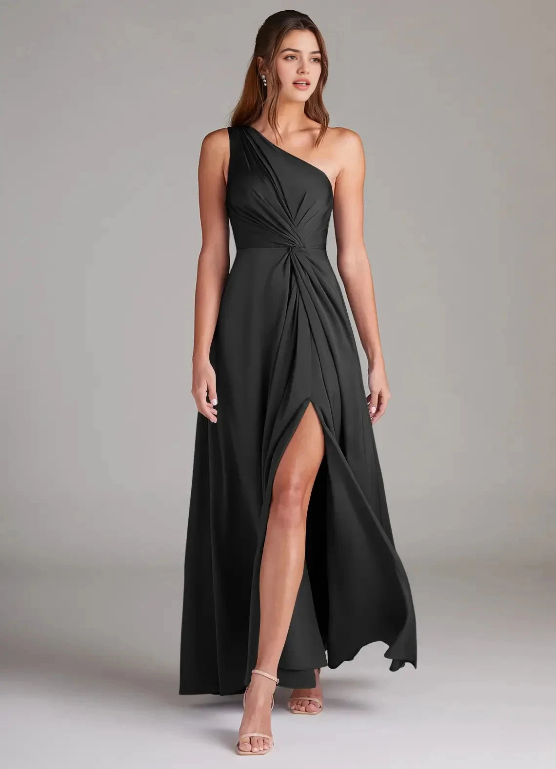 Black One-Shoulder Ruched Maxi Dress with Side Slit Black A-Line One Shoulder Stretch Satin Dress Bridesmaid Dresses by YiHuiw