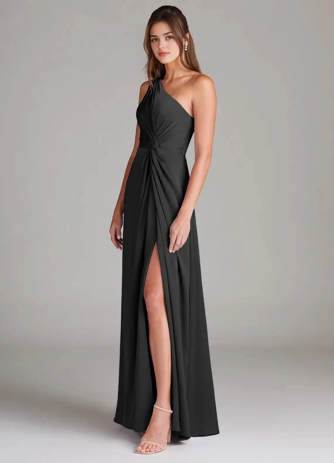 Black One-Shoulder Ruched Maxi Dress with Side Slit Black A-Line One Shoulder Stretch Satin Dress Bridesmaid Dresses by YiHuiw