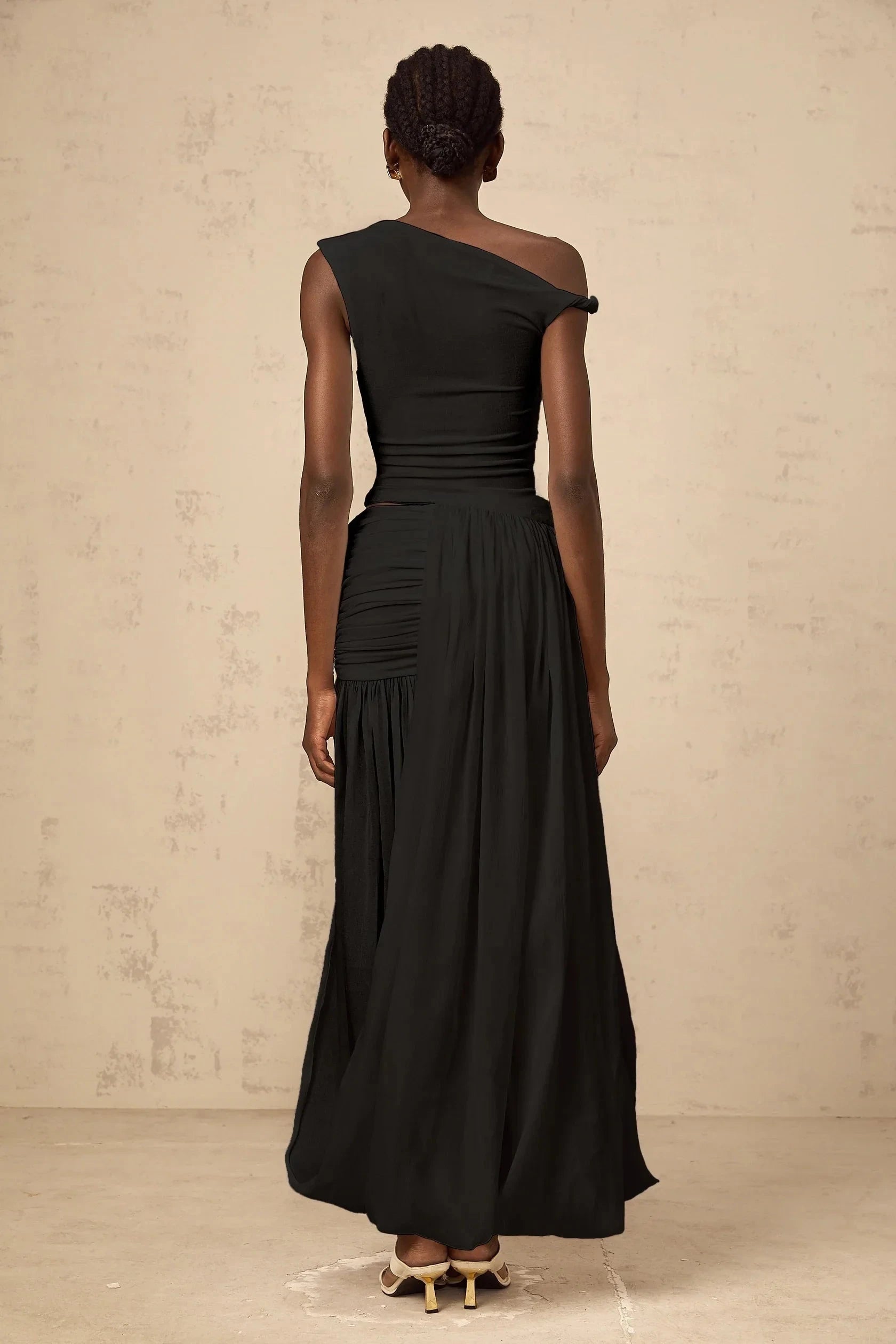 Black One - Shoulder Ruched Maxi Dress mono-shoulder shirred-panel maxi dress in Black Evening Dress by YiHuiw