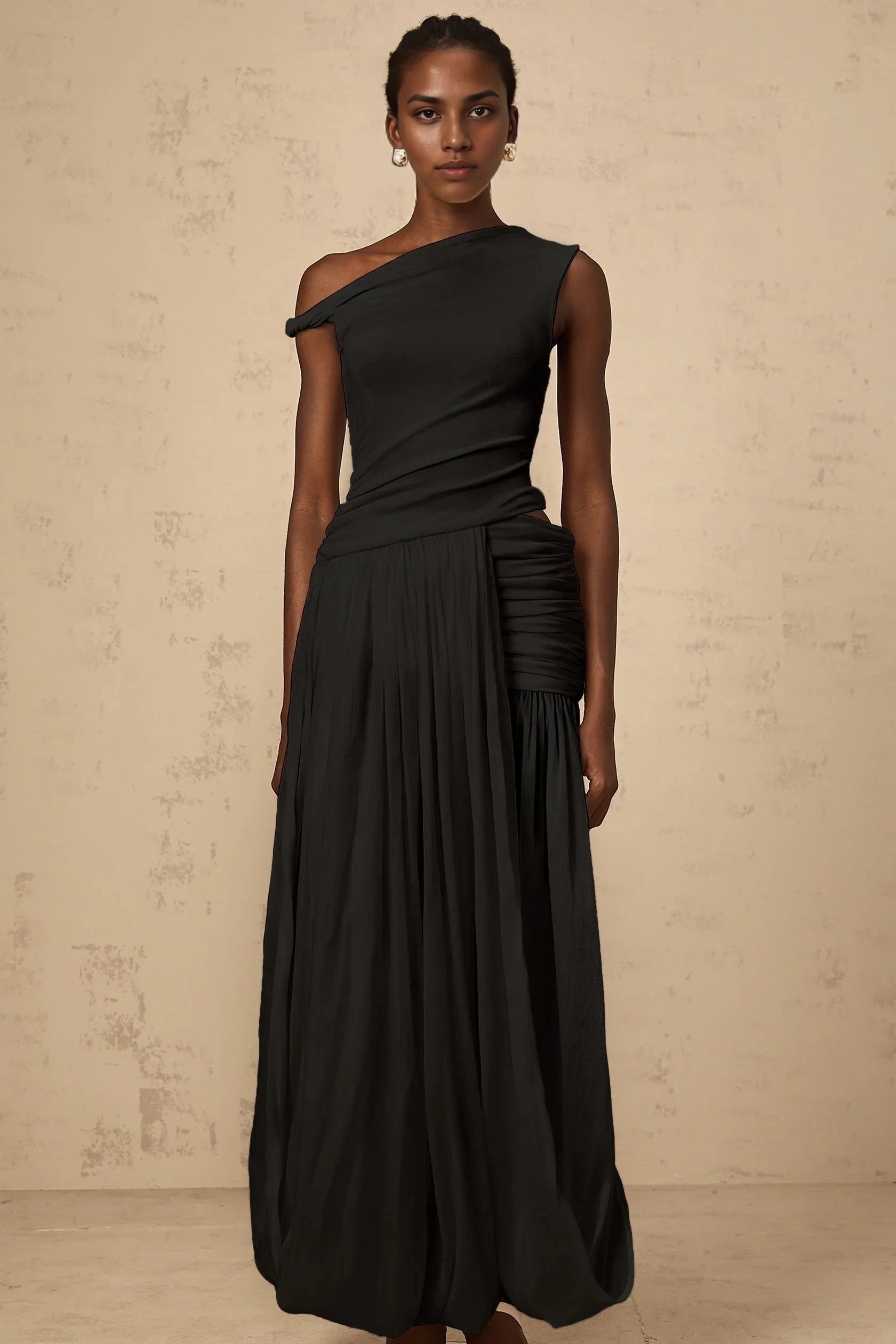 Black One - Shoulder Ruched Maxi Dress mono-shoulder shirred-panel maxi dress in Black Evening Dress by YiHuiw