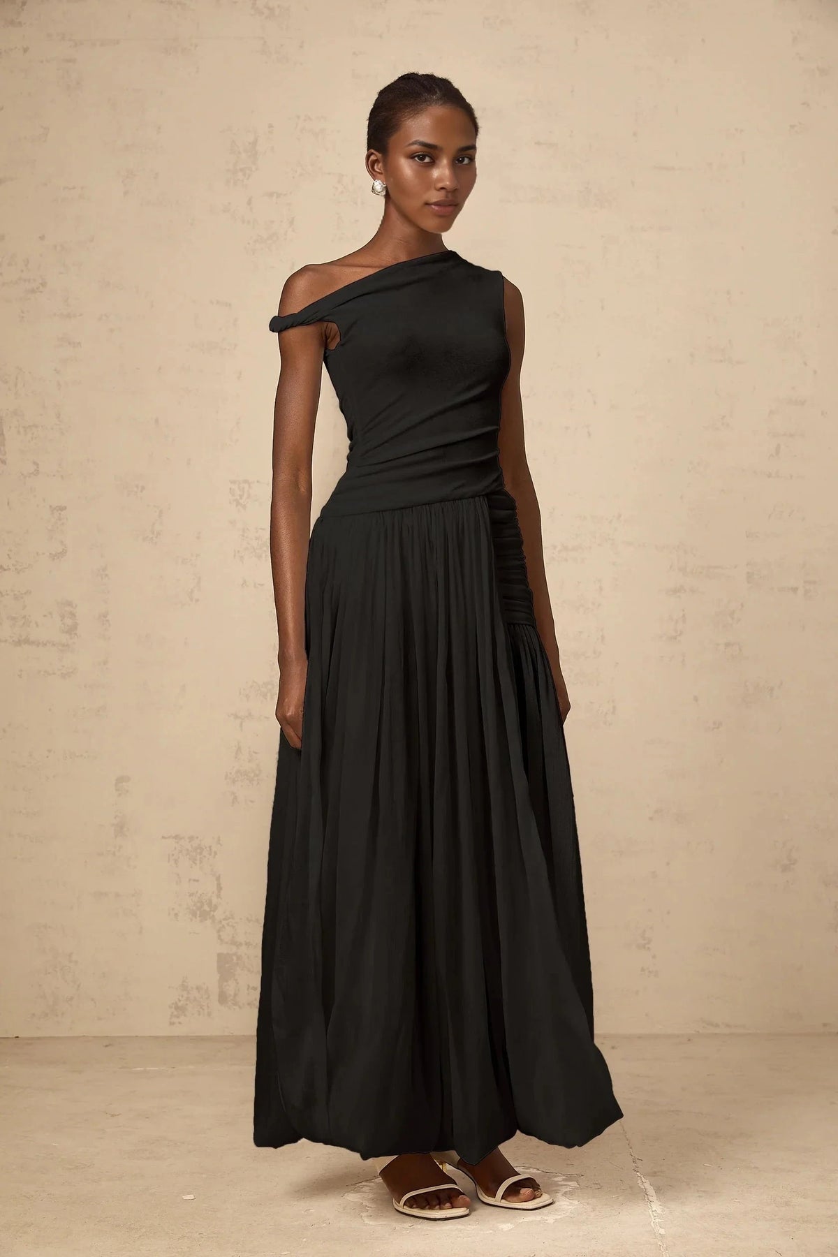 Black One - Shoulder Ruched Maxi Dress mono-shoulder shirred-panel maxi dress in Black Evening Dress by YiHuiw