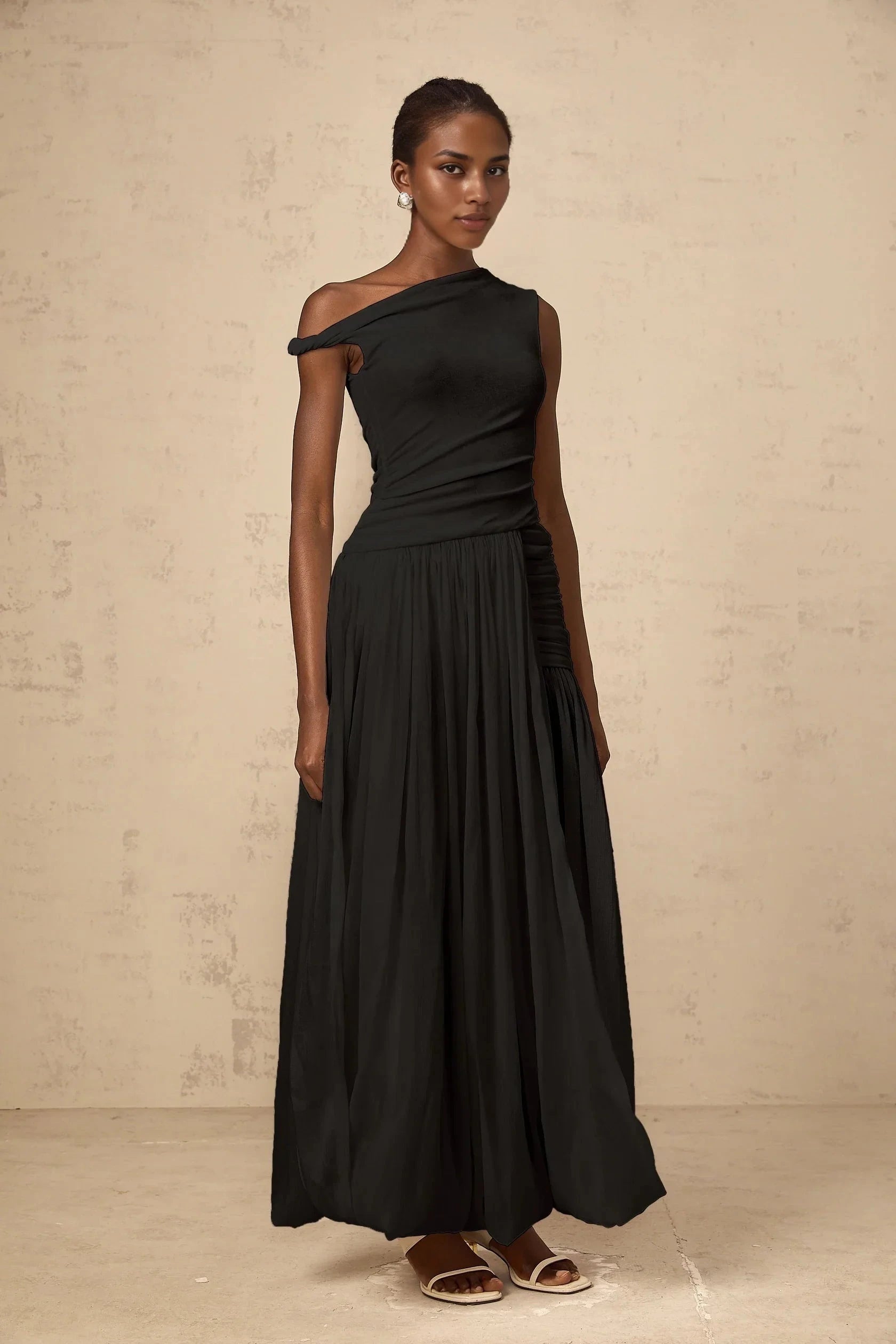Black One - Shoulder Ruched Maxi Dress mono-shoulder shirred-panel maxi dress in Black Evening Dress by YiHuiw