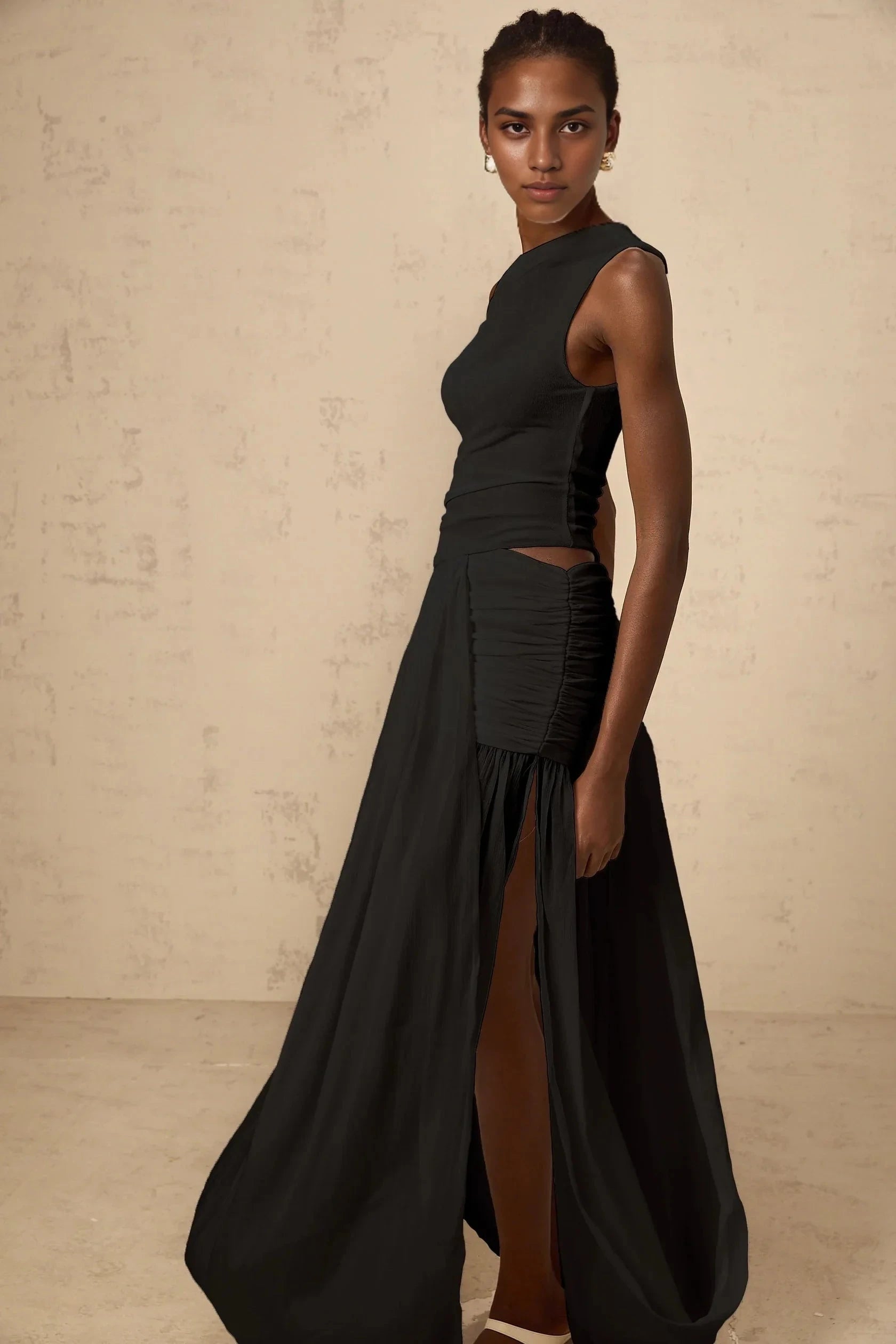 Black One - Shoulder Ruched Maxi Dress mono-shoulder shirred-panel maxi dress in Black Evening Dress by YiHuiw