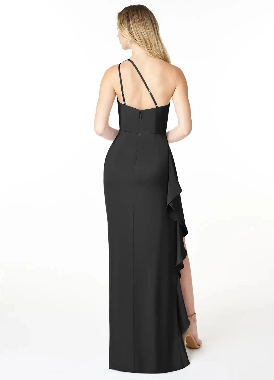 Black One-Shoulder Ruffled Maxi Dress with Side Slit Sheath One Shoulder Cascading Ruffles Stretch Satin Dress Bridesmaid Dresses by YiHuiw