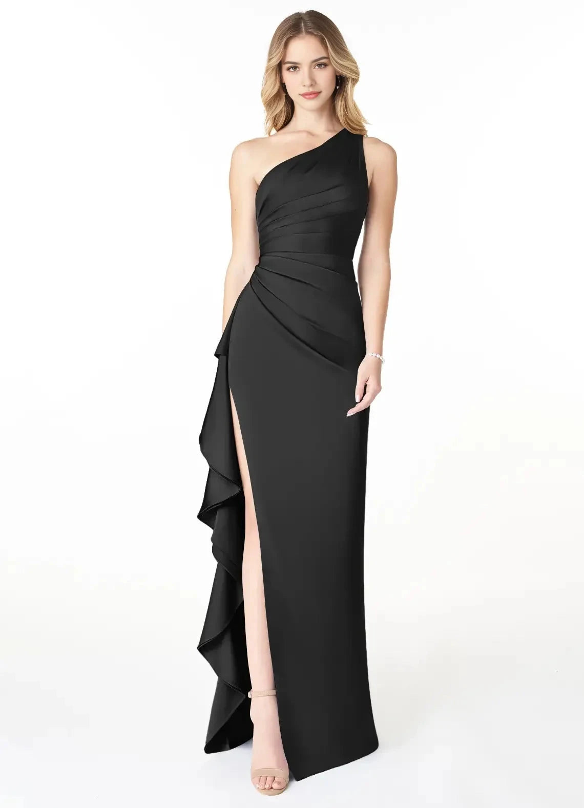 Black One-Shoulder Ruffled Maxi Dress with Side Slit Sheath One Shoulder Cascading Ruffles Stretch Satin Dress Bridesmaid Dresses by YiHuiw