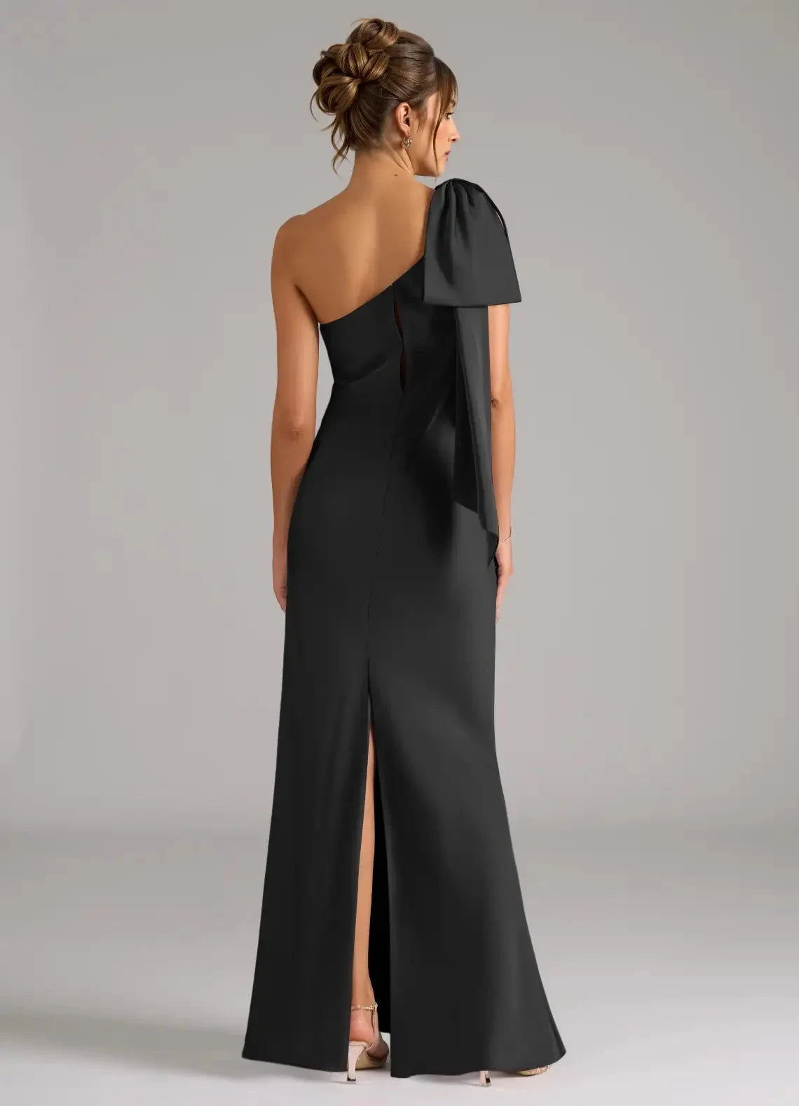Black One - Shoulder Satin Maxi Dress with Bow Detail and Back Slit Black Mermaid One Shoulder Stretch Satin Dress Bridesmaid Dresses by YiHuiw