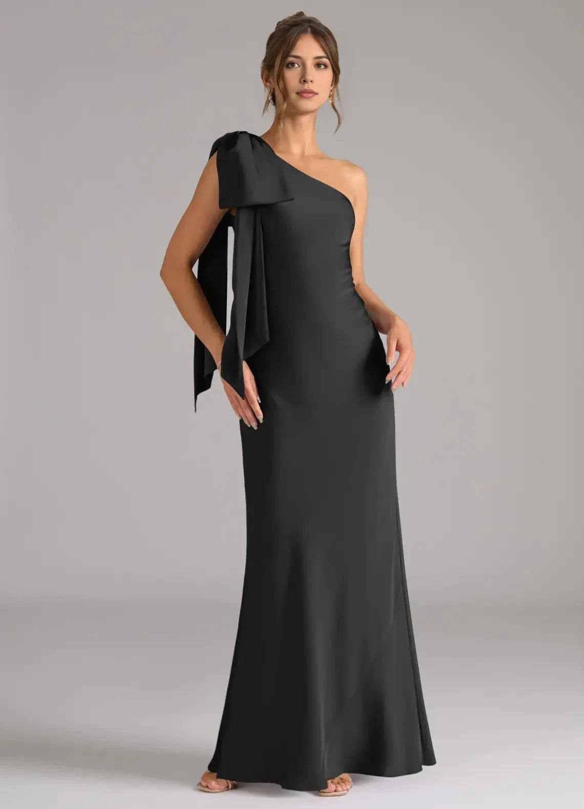 Black One - Shoulder Satin Maxi Dress with Bow Detail and Back Slit Black Mermaid One Shoulder Stretch Satin Dress Bridesmaid Dresses by YiHuiw