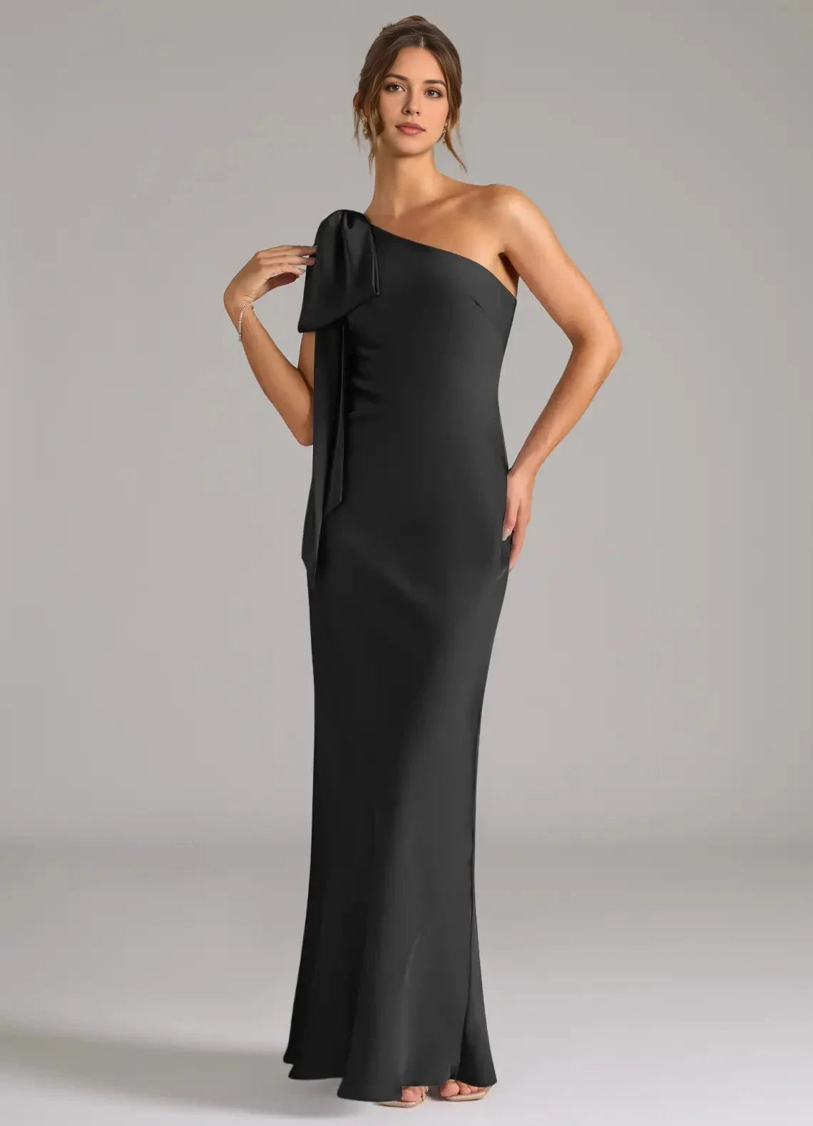 Black One - Shoulder Satin Maxi Dress with Bow Detail and Back Slit Black Mermaid One Shoulder Stretch Satin Dress Bridesmaid Dresses by YiHuiw