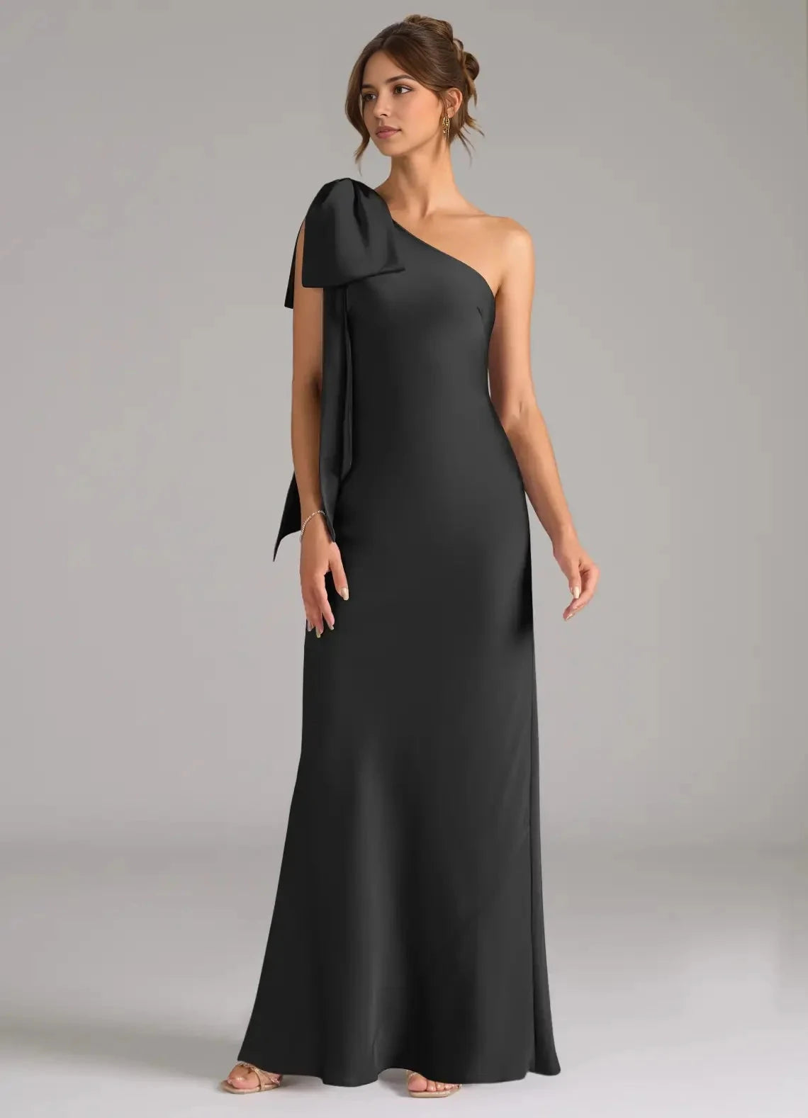 Black One - Shoulder Satin Maxi Dress with Bow Detail and Back Slit Black Mermaid One Shoulder Stretch Satin Dress Bridesmaid Dresses by YiHuiw