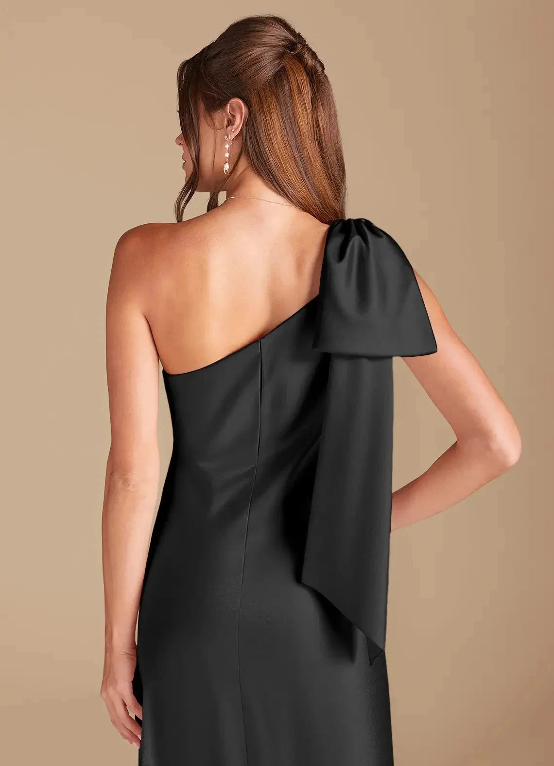 Black One-Shoulder Satin Maxi Dress with Bow Detail Sheath One Shoulder Metallic Satin Dress Bridesmaid Dresses by YiHuiw