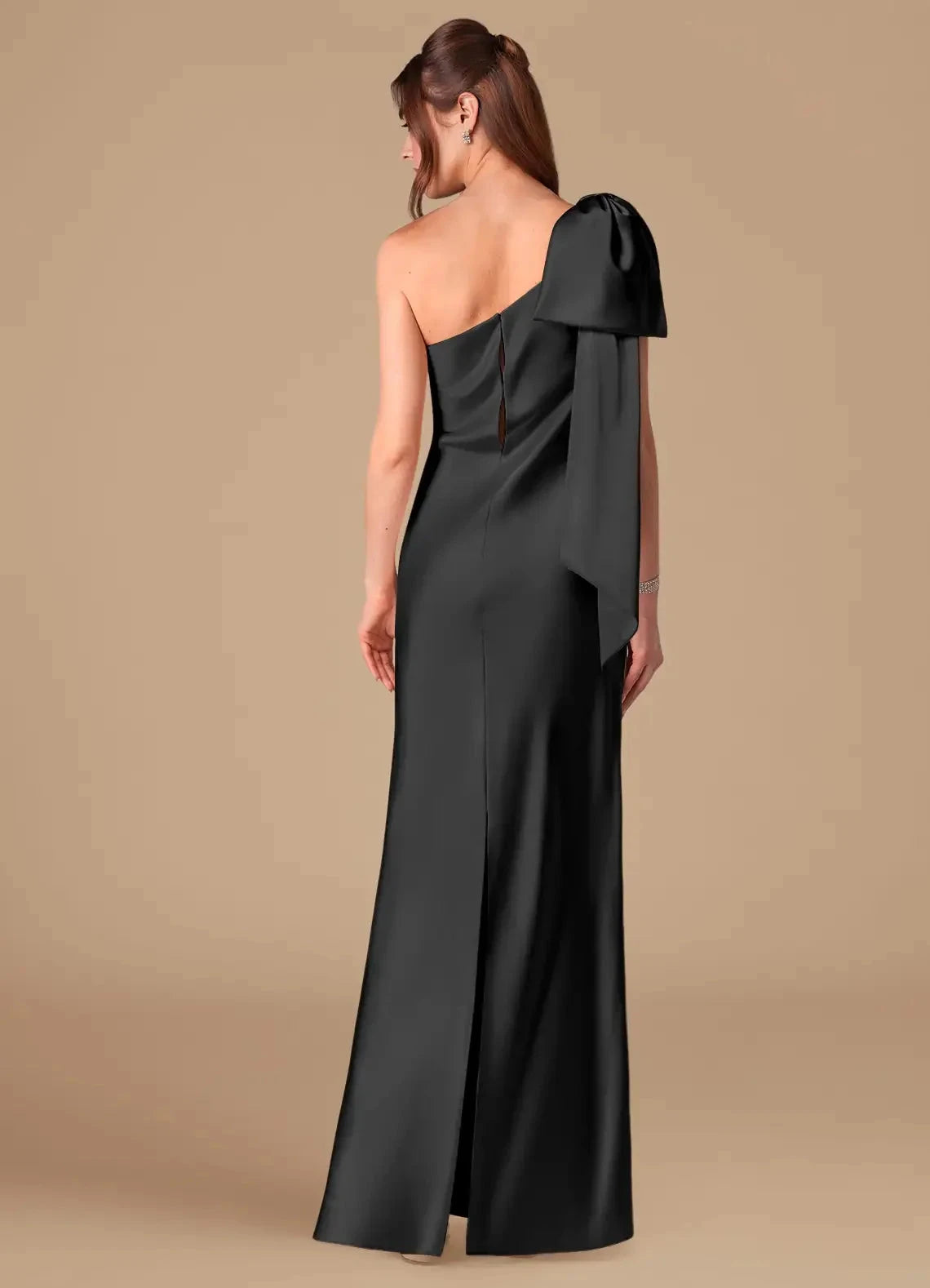 Black One-Shoulder Satin Maxi Dress with Bow Detail Sheath One Shoulder Metallic Satin Dress Bridesmaid Dresses by YiHuiw