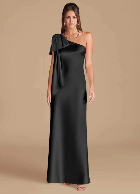 Black One-Shoulder Satin Maxi Dress with Bow Detail Sheath One Shoulder Metallic Satin Dress Bridesmaid Dresses by YiHuiw
