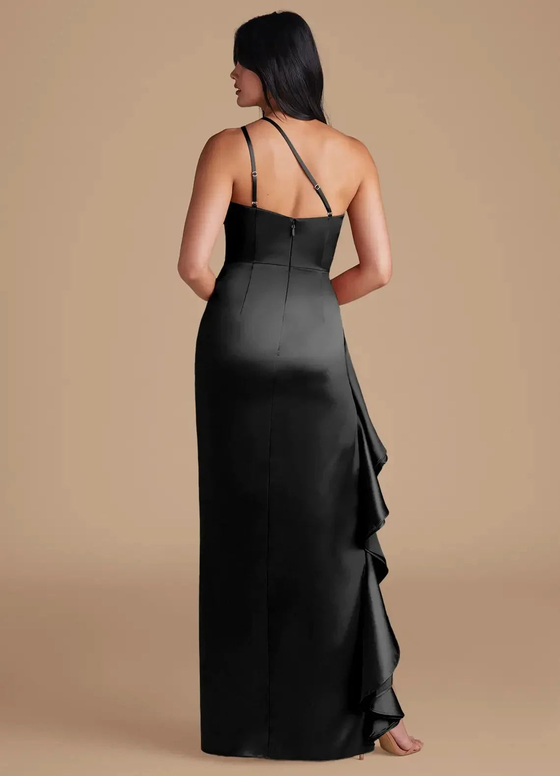 Black One-Shoulder Satin Maxi Dress with Ruffled Side Slit Sheath Metallic Satin Dress Bridesmaid Dresses by YiHuiw
