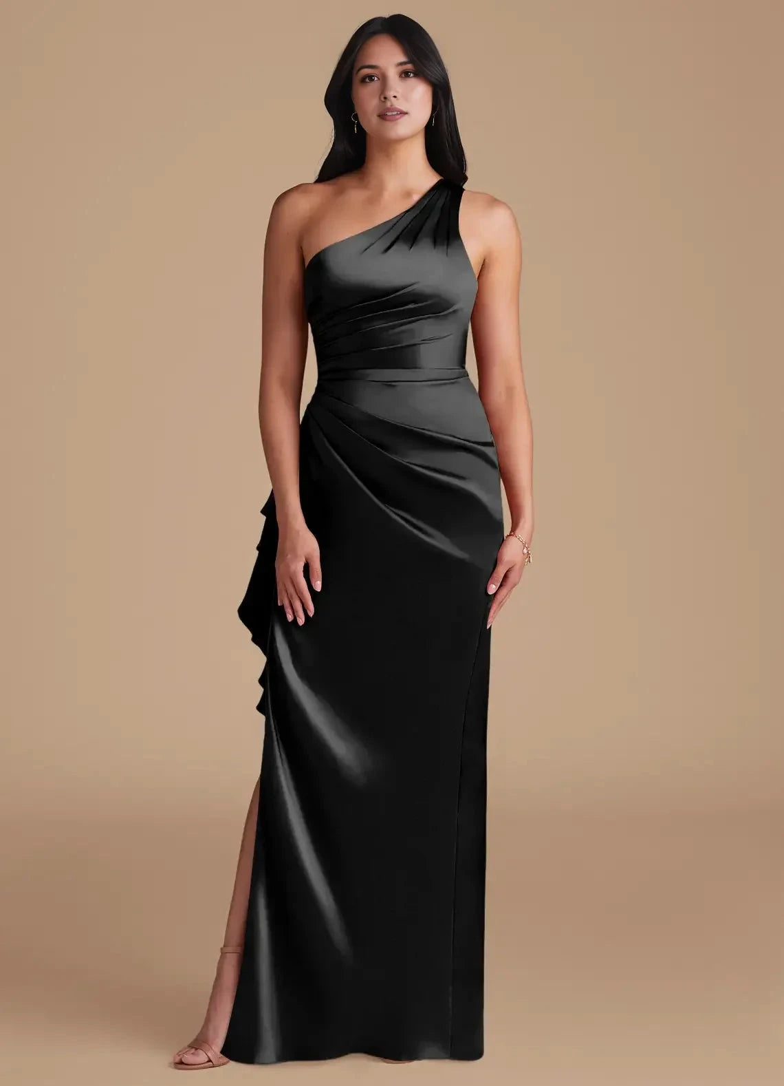 Black One-Shoulder Satin Maxi Dress with Ruffled Side Slit Sheath Metallic Satin Dress Bridesmaid Dresses by YiHuiw