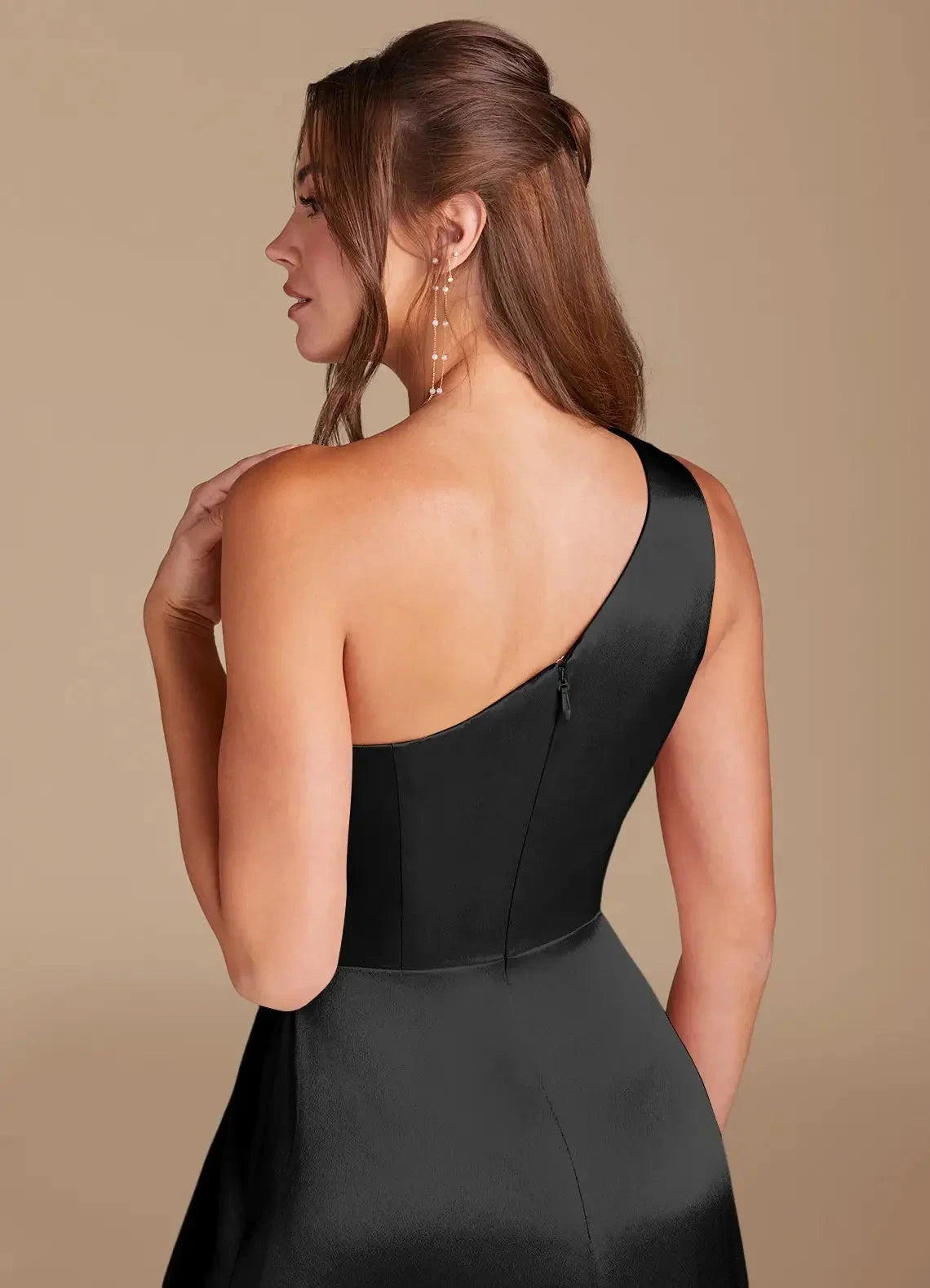 Black One-Shoulder Satin Maxi Dress with Side Slit A-Line One Shoulder Metallic Satin Dress Bridesmaid Dresses by YiHuiw