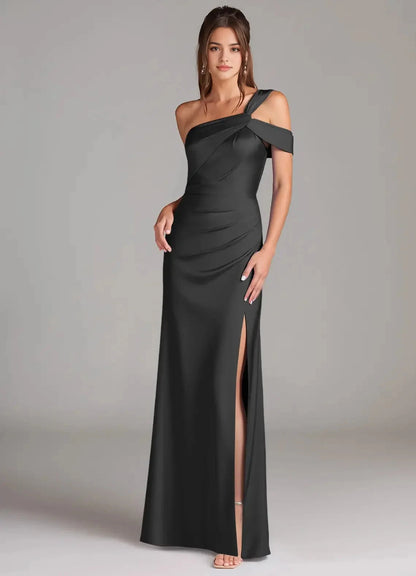 Black One-Shoulder Satin Maxi Dress with Side Slit Black Sheath Off the Shoulder Stretch Satin Dress Bridesmaid Dresses by YiHuiw