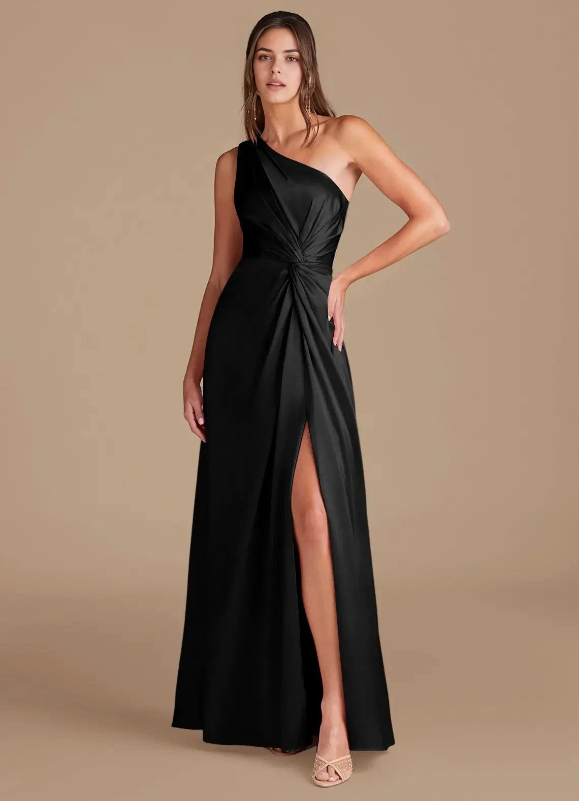 Black One-Shoulder Satin Maxi Dress with Side Slit A-Line One Shoulder Metallic Satin Dress Bridesmaid Dresses by YiHuiw