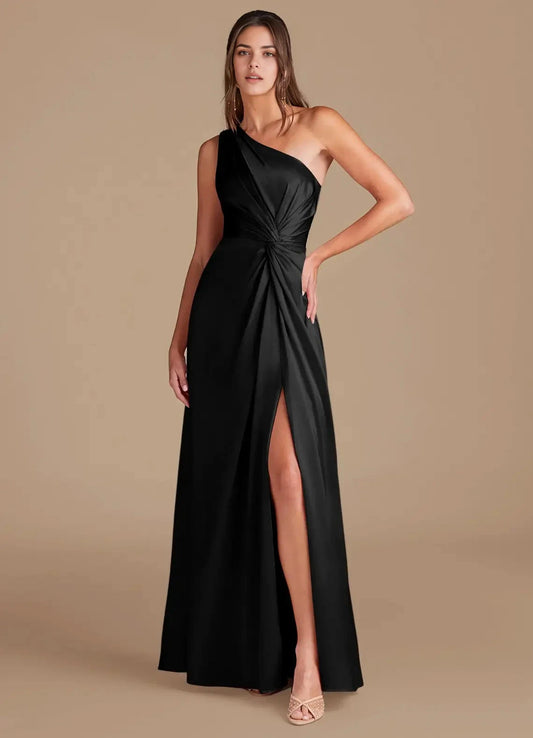 Black One-Shoulder Satin Maxi Dress with Side Slit A-Line One Shoulder Metallic Satin Dress Bridesmaid Dresses by YiHuiw