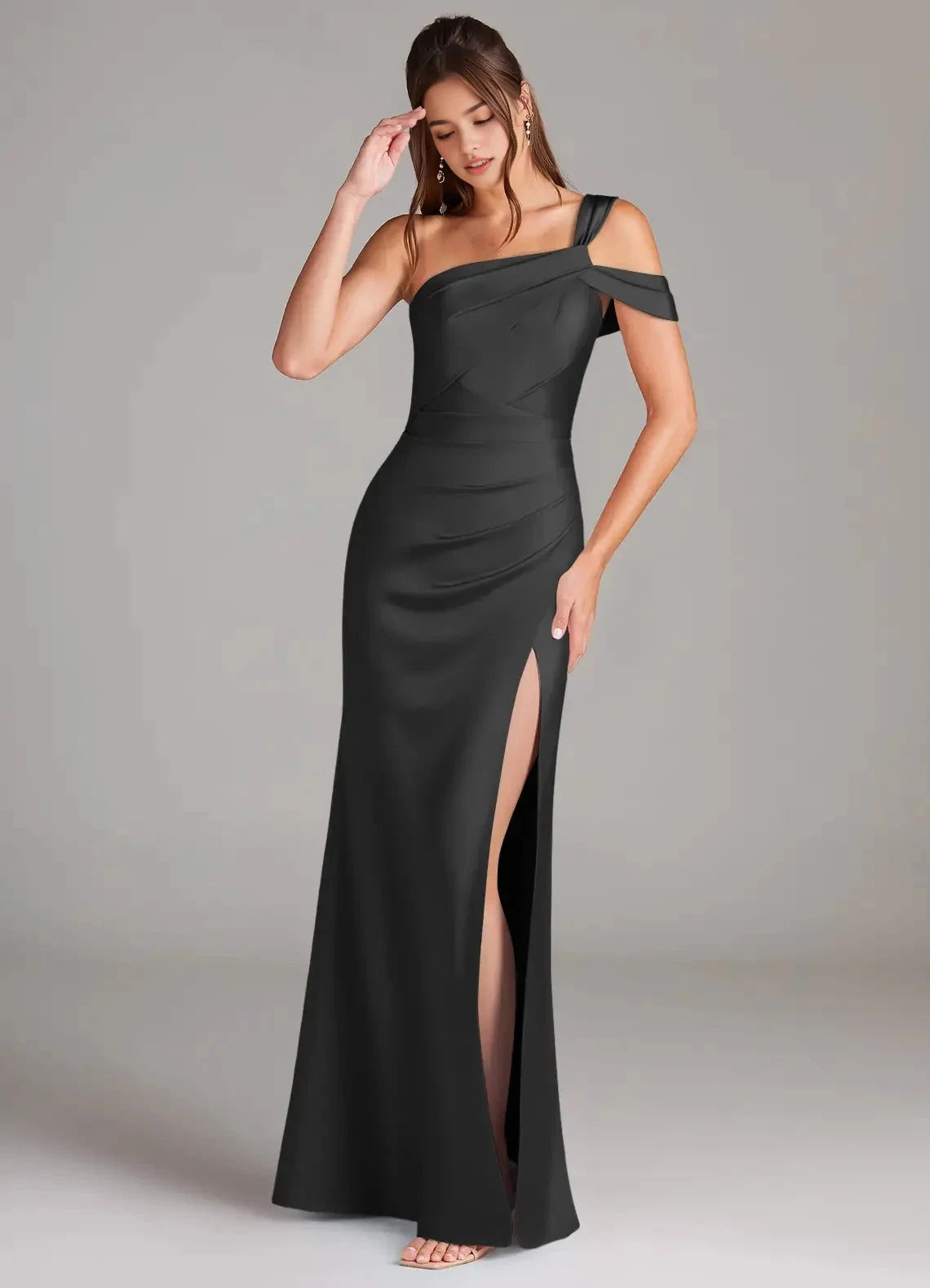 Black One-Shoulder Satin Maxi Dress with Side Slit Black Sheath Off the Shoulder Stretch Satin Dress Bridesmaid Dresses by YiHuiw