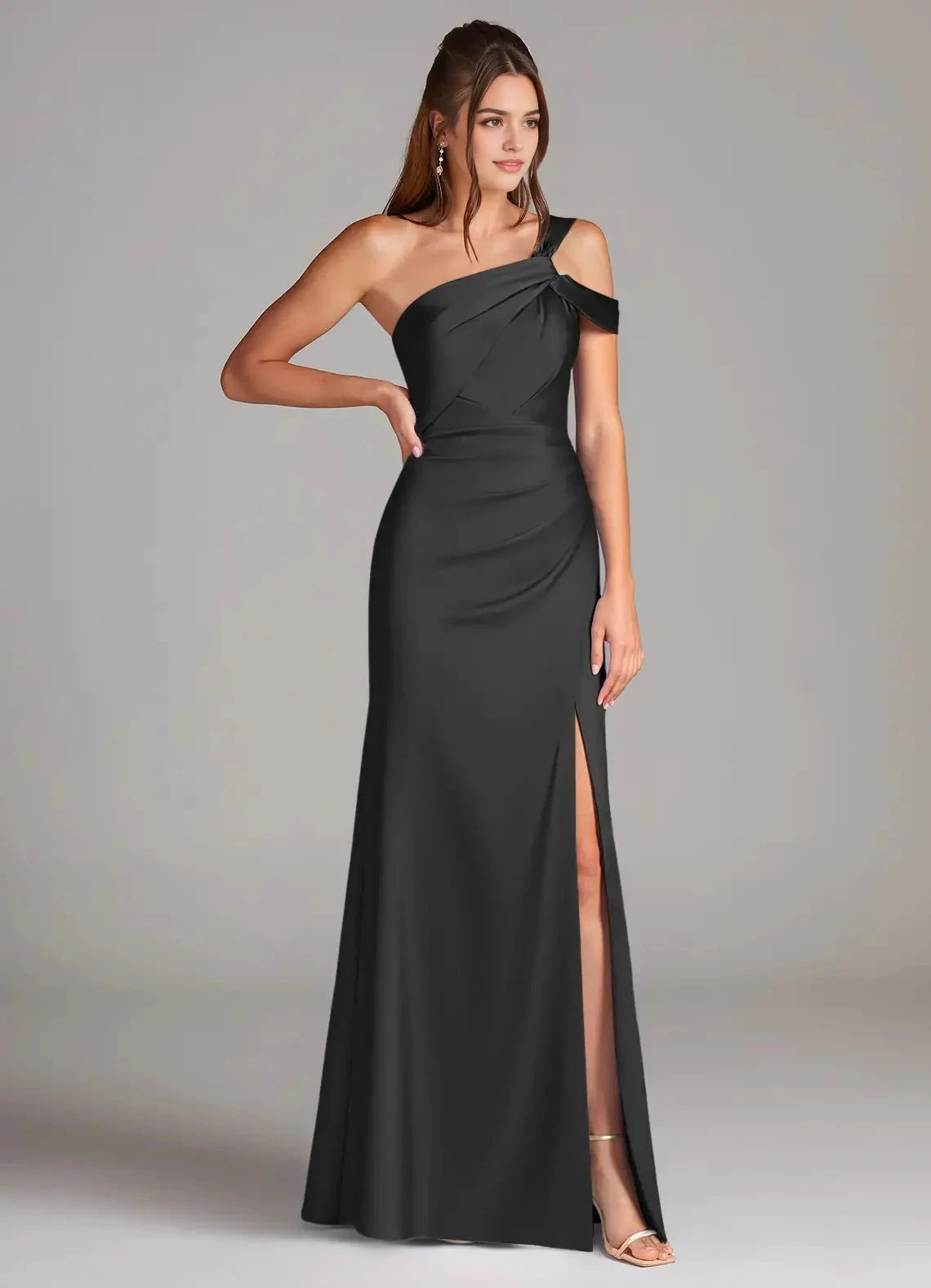 Black One-Shoulder Satin Maxi Dress with Side Slit Black Sheath Off the Shoulder Stretch Satin Dress Bridesmaid Dresses by YiHuiw