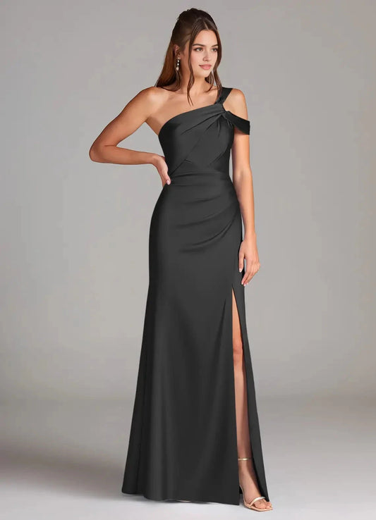 Black One-Shoulder Satin Maxi Dress with Side Slit Black Sheath Off the Shoulder Stretch Satin Dress Bridesmaid Dresses by YiHuiw