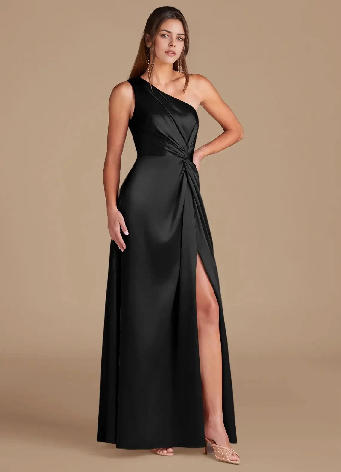 Black One-Shoulder Satin Maxi Dress with Side Slit A-Line One Shoulder Metallic Satin Dress Bridesmaid Dresses by YiHuiw