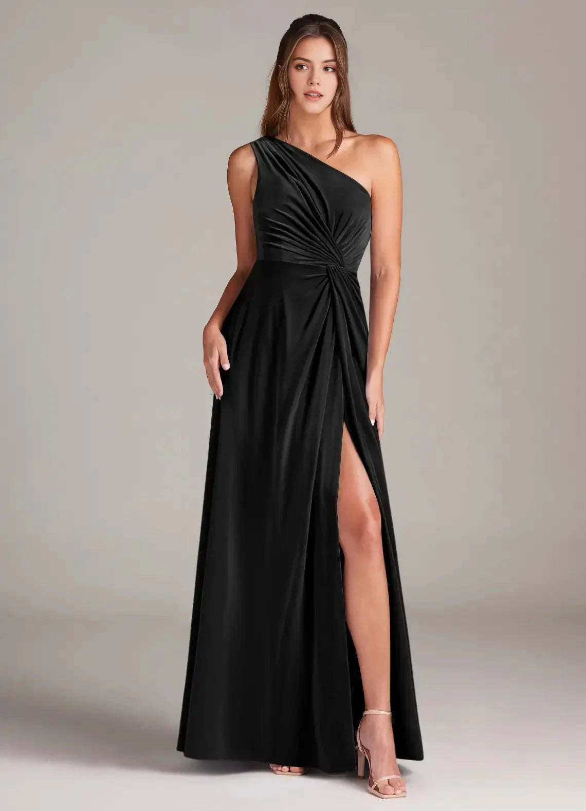 Black One-Shoulder Velvet Maxi Dress with Side Slit A-Line One Shoulder Velvet Dress Bridesmaid Dresses by YiHuiw