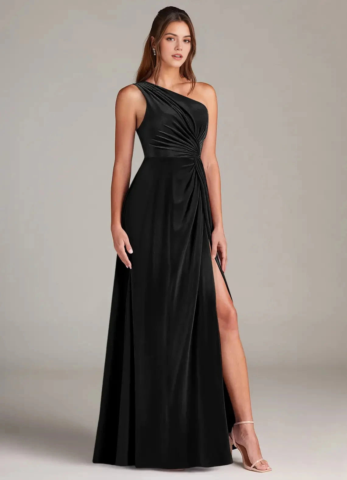 Black One-Shoulder Velvet Maxi Dress with Side Slit A-Line One Shoulder Velvet Dress Bridesmaid Dresses by YiHuiw