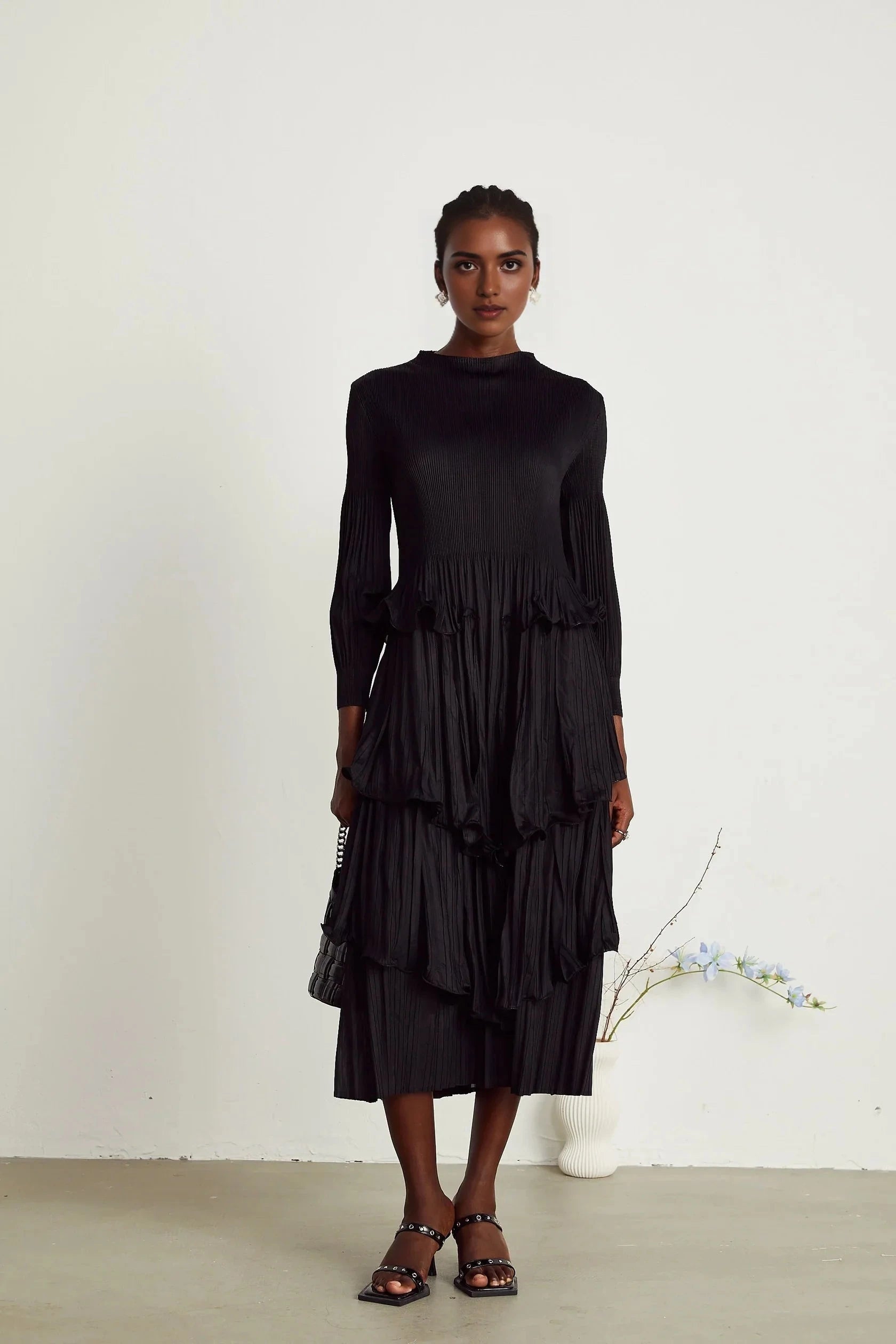Black Pleated Tiered Midi Dress black tiered pleated midi dress Evening Dress by YiHuiw
