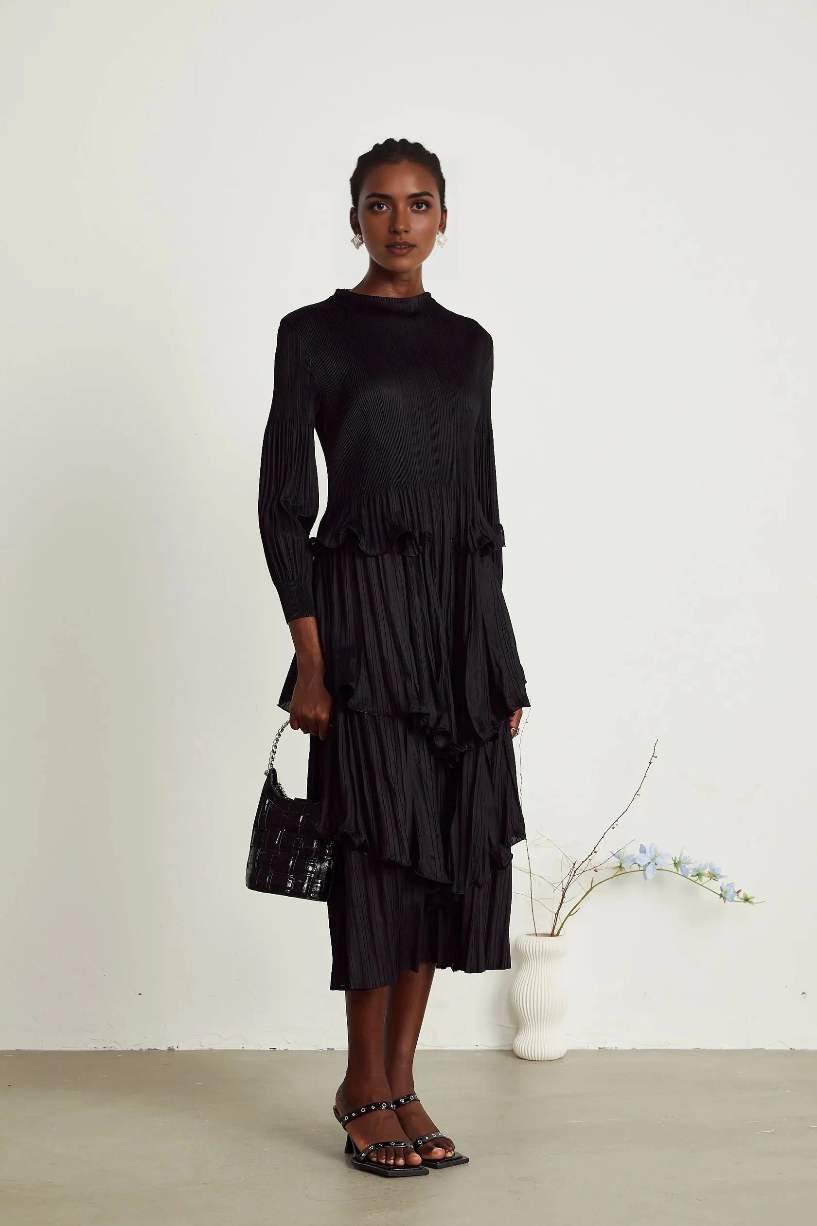 Black Pleated Tiered Midi Dress black tiered pleated midi dress Evening Dress by YiHuiw
