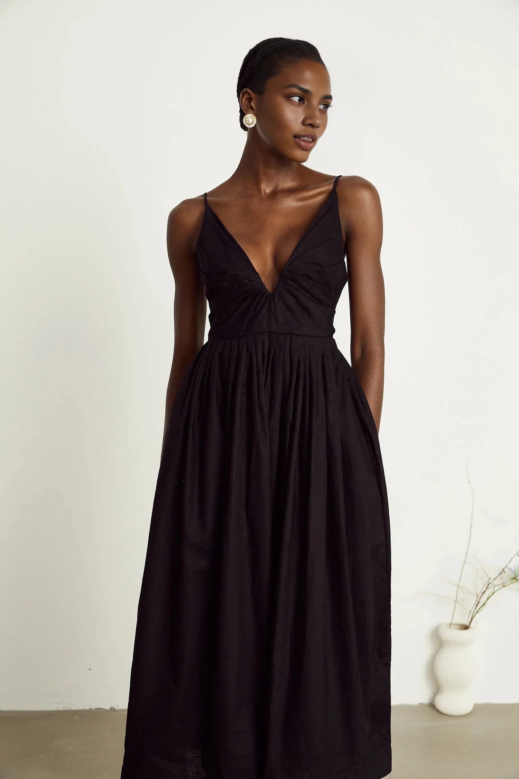 Black Plunge Neck Spaghetti Strap Midi Dress black smocking pleated midi dress Evening Dress by YiHuiw