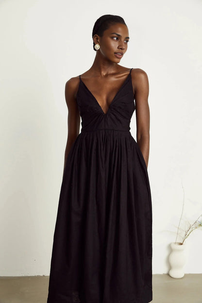Black Plunge Neck Spaghetti Strap Midi Dress black smocking pleated midi dress Evening Dress by YiHuiw