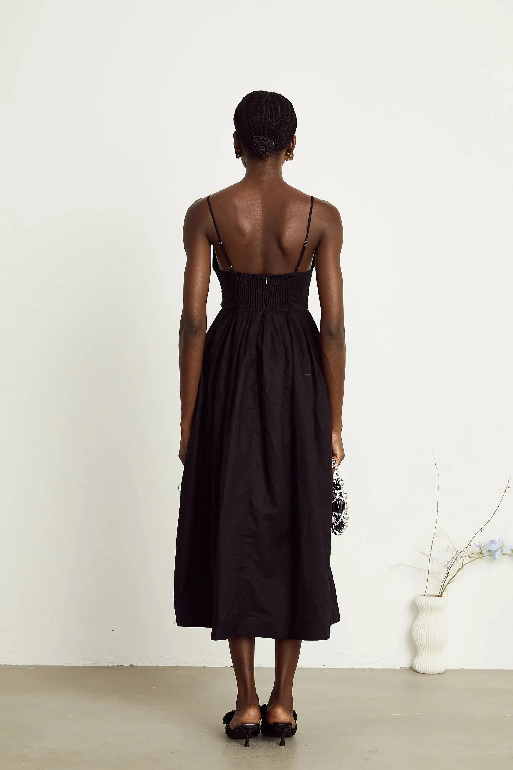 Black Plunge Neck Spaghetti Strap Midi Dress black smocking pleated midi dress Evening Dress by YiHuiw