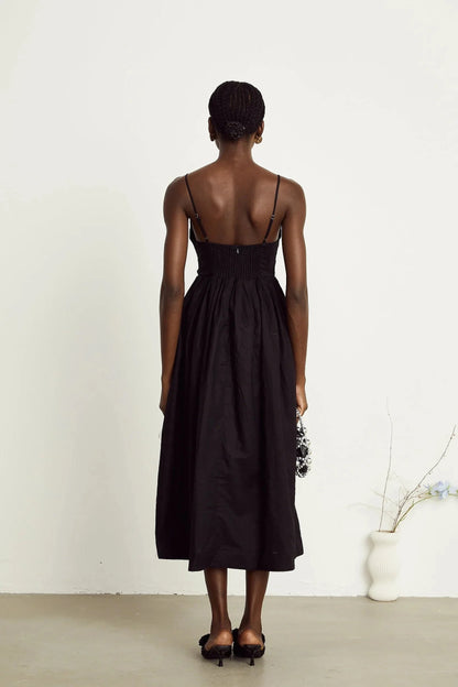 Black Plunge Neck Spaghetti Strap Midi Dress black smocking pleated midi dress Evening Dress by YiHuiw