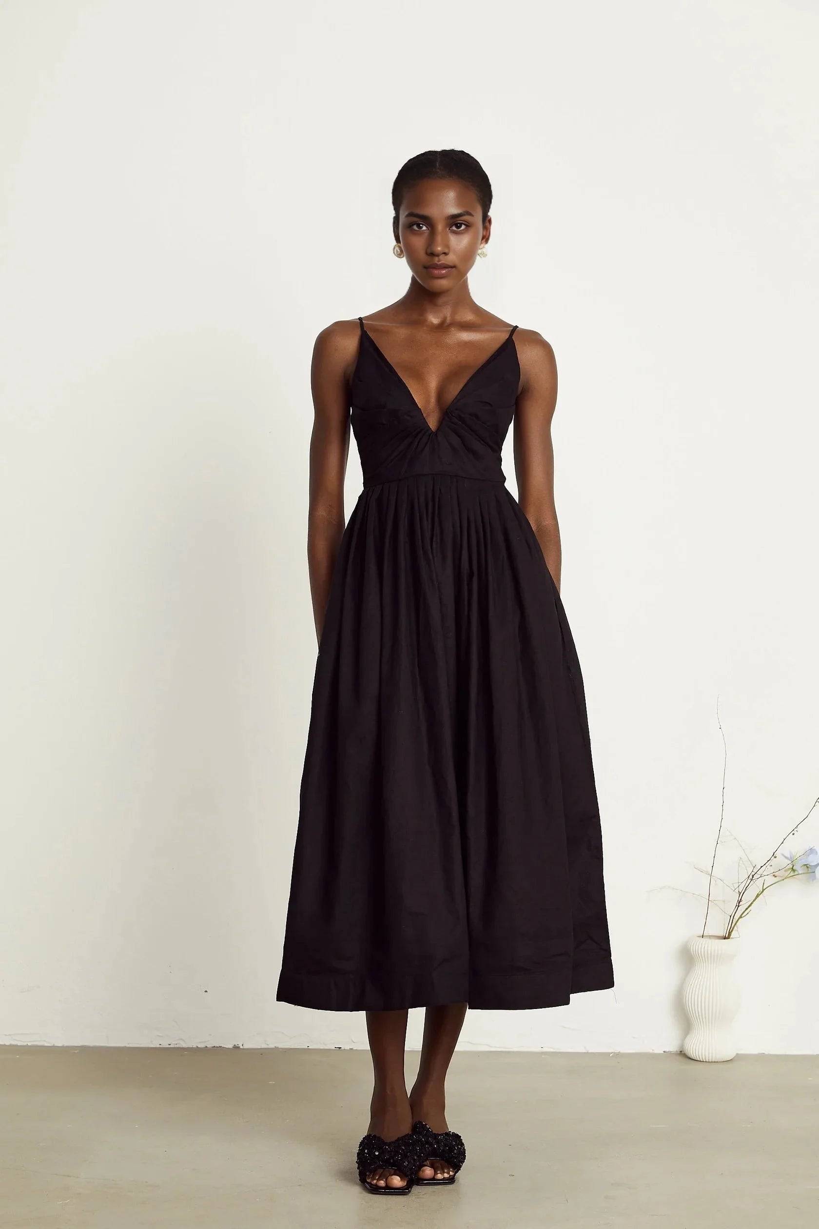 Black Plunge Neck Spaghetti Strap Midi Dress black smocking pleated midi dress Evening Dress by YiHuiw