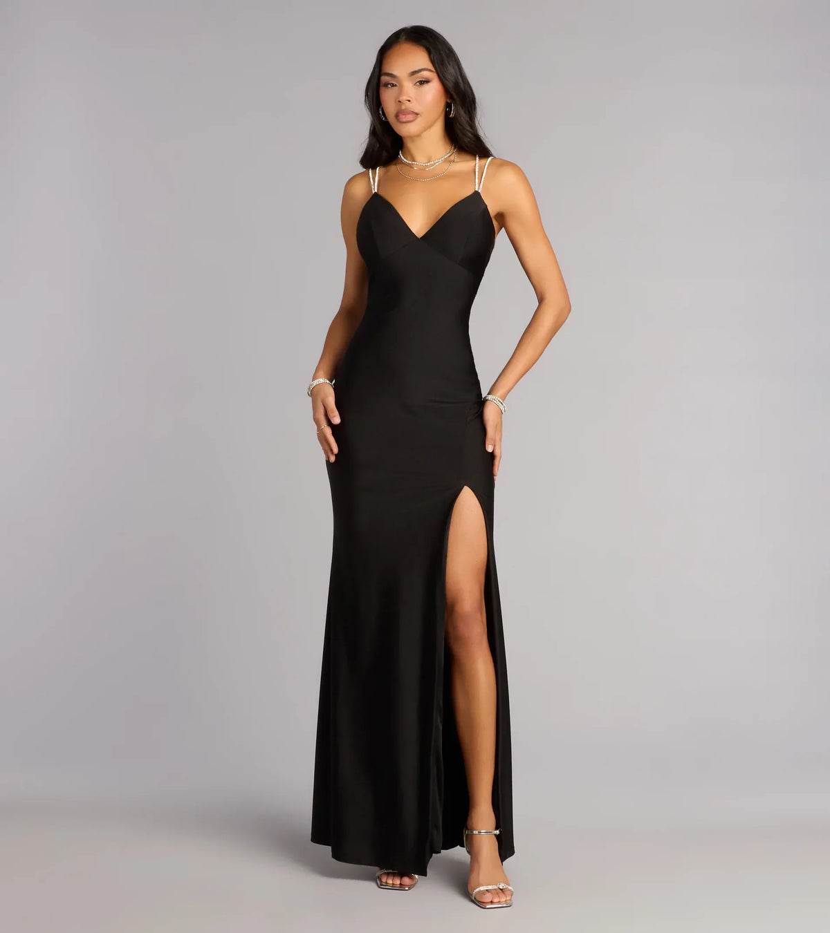 Black Mermaid V-Neck Satin High Slit Floor-Length Wedding Dress - Yihuiw by Yihuiw