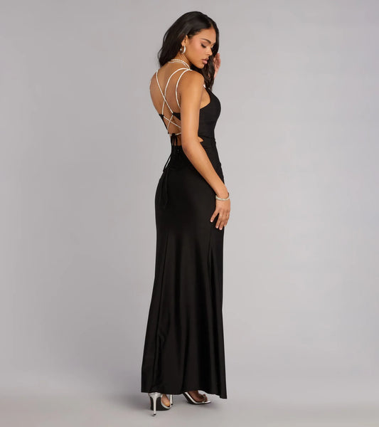 Black Mermaid V-Neck Satin High Slit Floor-Length Wedding Dress - Yihuiw by Yihuiw