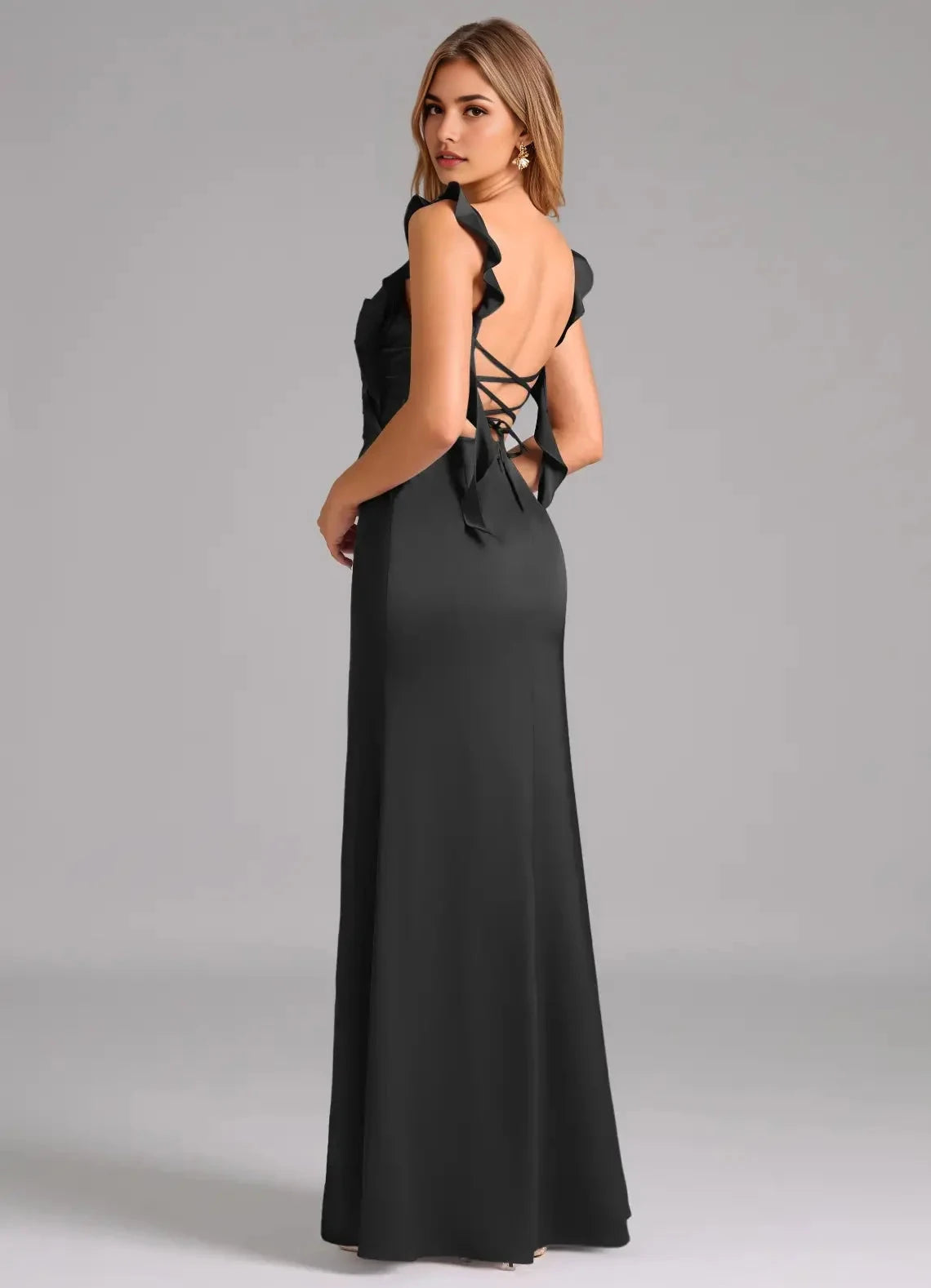 Black Ruffled Strap Maxi Dress with Side Slit and Lace-Up Back Bridesmaid Dresses by YiHuiw