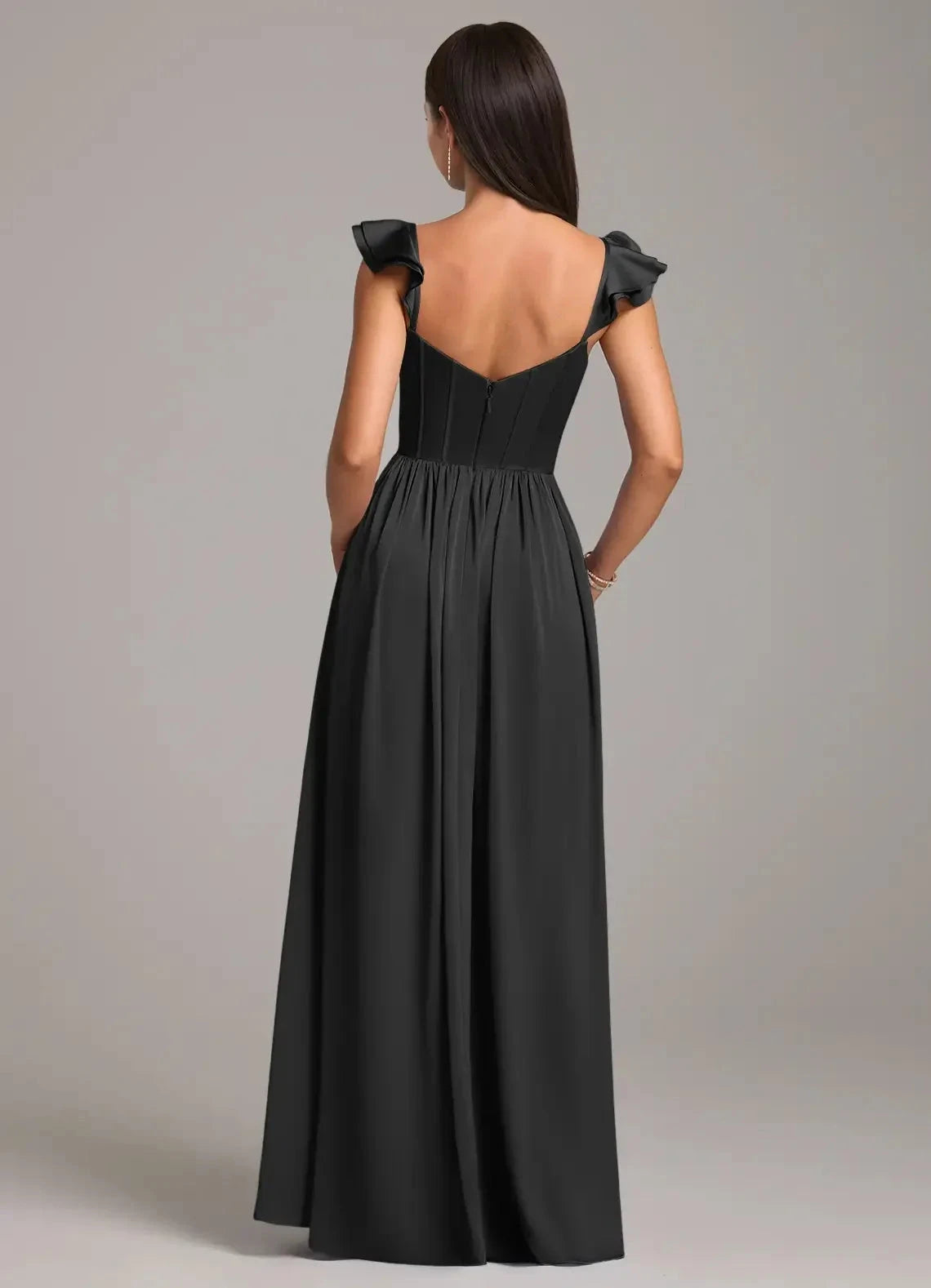 Black Ruffled Strap Sweetheart Neck Evening Gown with Side Slit A-Line Ruched Stretch Satin Dress Bridesmaid Dresses by YiHuiw