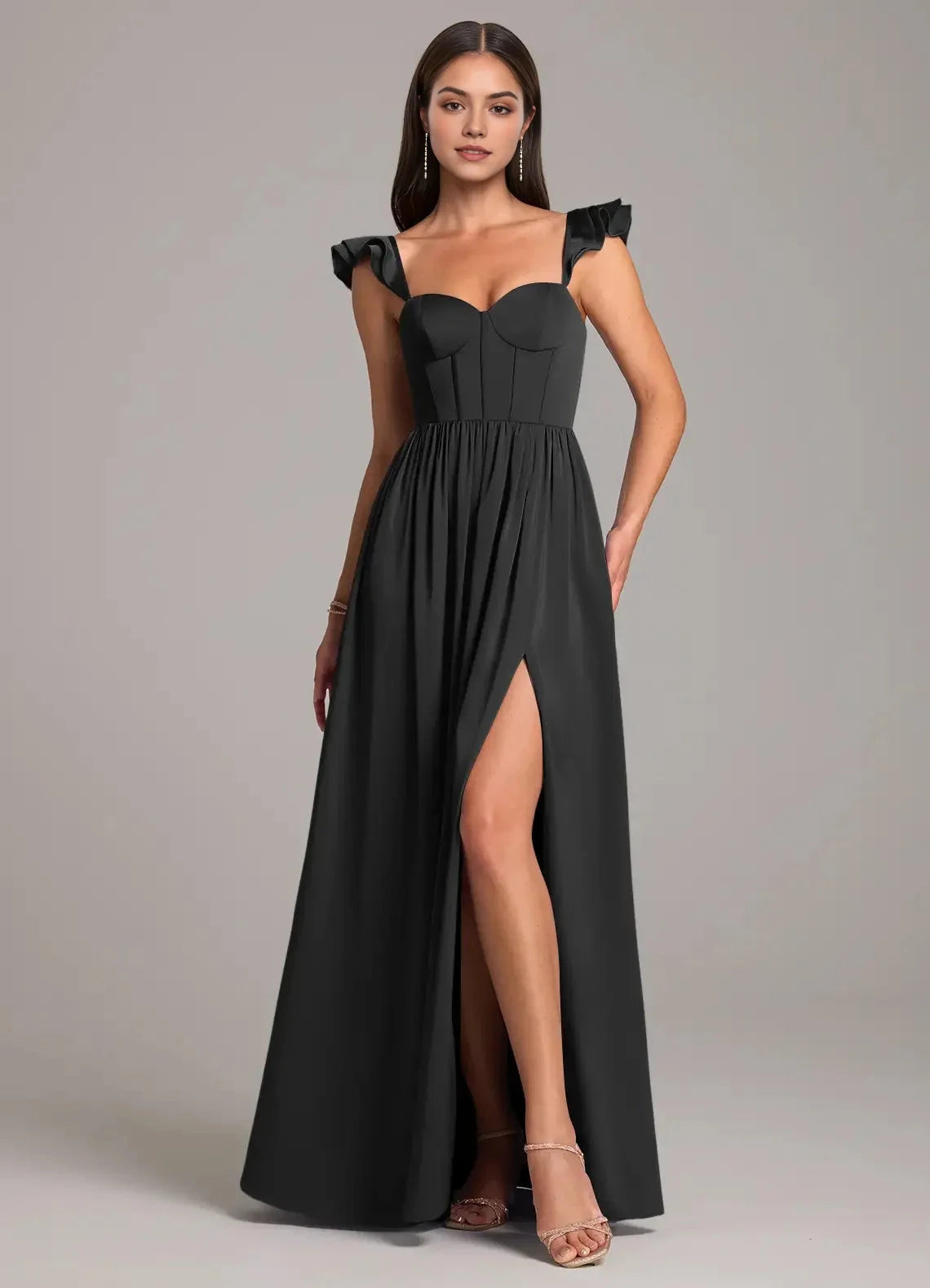 Black Ruffled Strap Sweetheart Neck Evening Gown with Side Slit A-Line Ruched Stretch Satin Dress Bridesmaid Dresses by YiHuiw