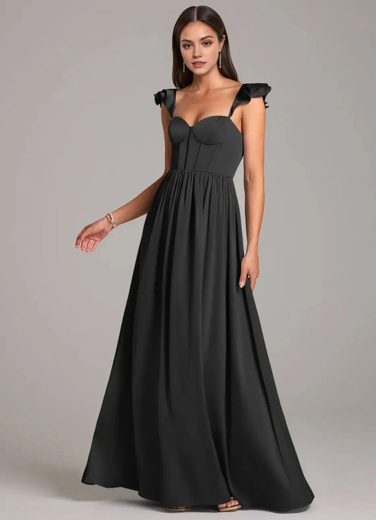 Black Ruffled Strap Sweetheart Neck Evening Gown with Side Slit A-Line Ruched Stretch Satin Dress Bridesmaid Dresses by YiHuiw