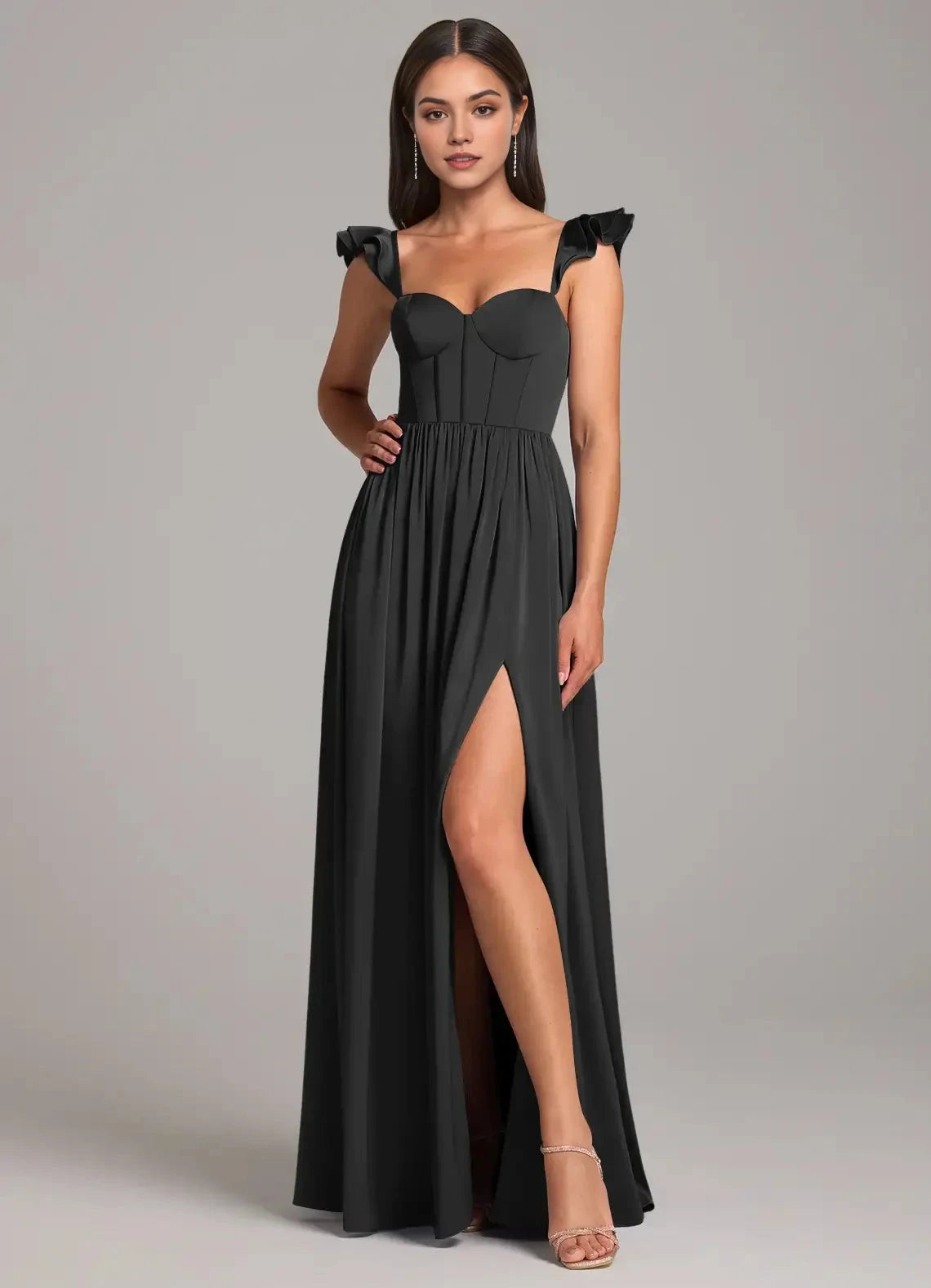 Black Ruffled Strap Sweetheart Neck Evening Gown with Side Slit A-Line Ruched Stretch Satin Dress Bridesmaid Dresses by YiHuiw