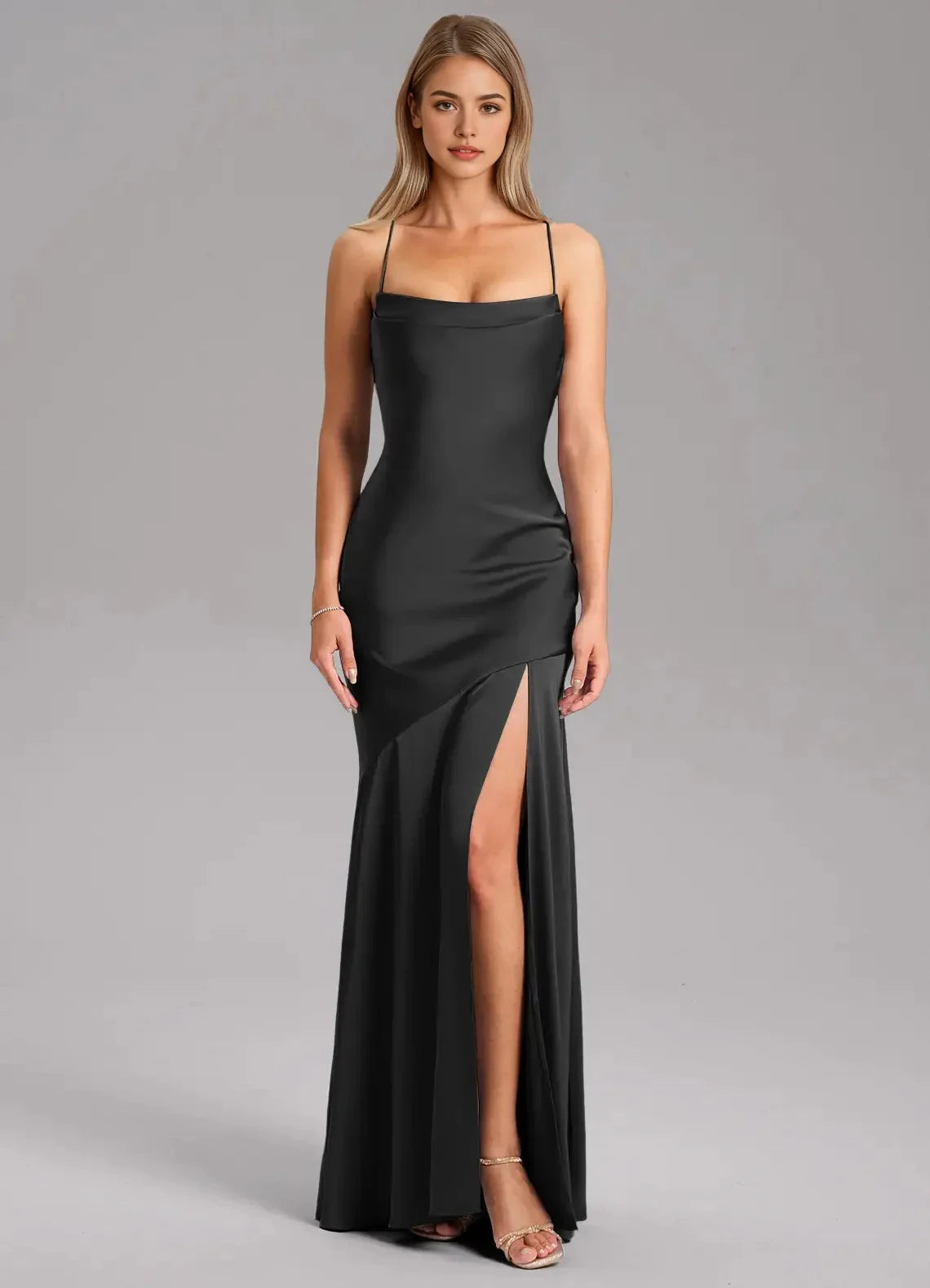 Black Satin Cowl Neck Maxi Dress with Crisscross Back and Side Slit Sheath Side Slit Stretch Satin Dress Bridesmaid Dresses by YiHuiw
