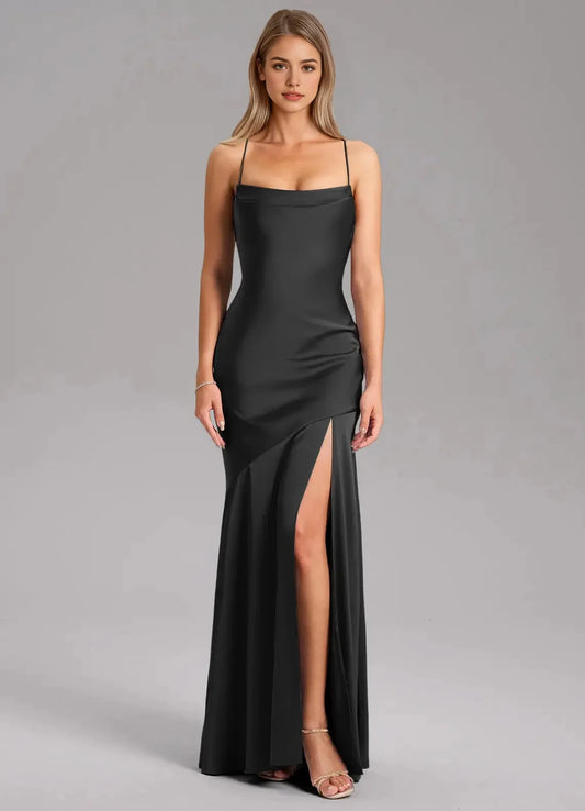 Black Satin Cowl Neck Maxi Dress with Crisscross Back and Side Slit Sheath Side Slit Stretch Satin Dress Bridesmaid Dresses by YiHuiw