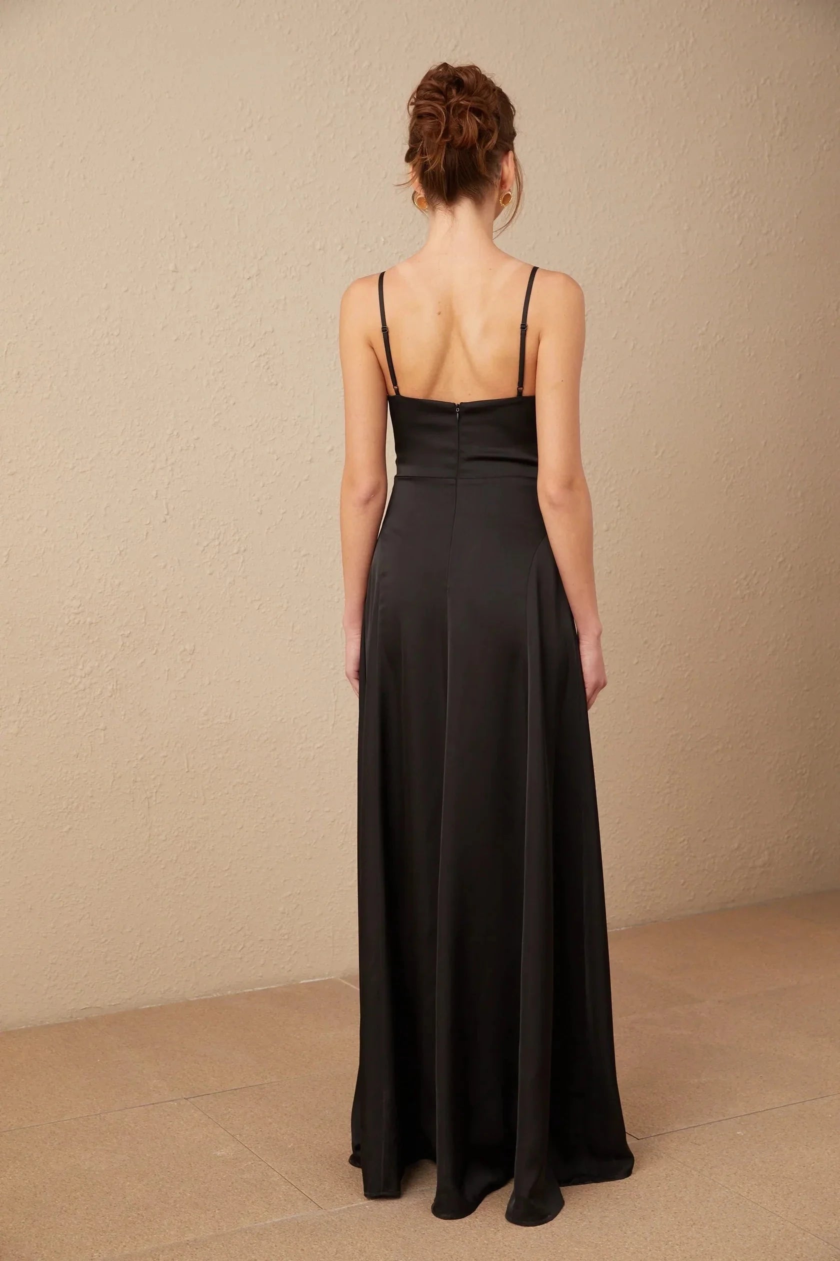 Black Satin Deep V - Neck Maxi Dress with Side Slit black satin V-neck front-slit maxi dress Evening Dress by YiHuiw