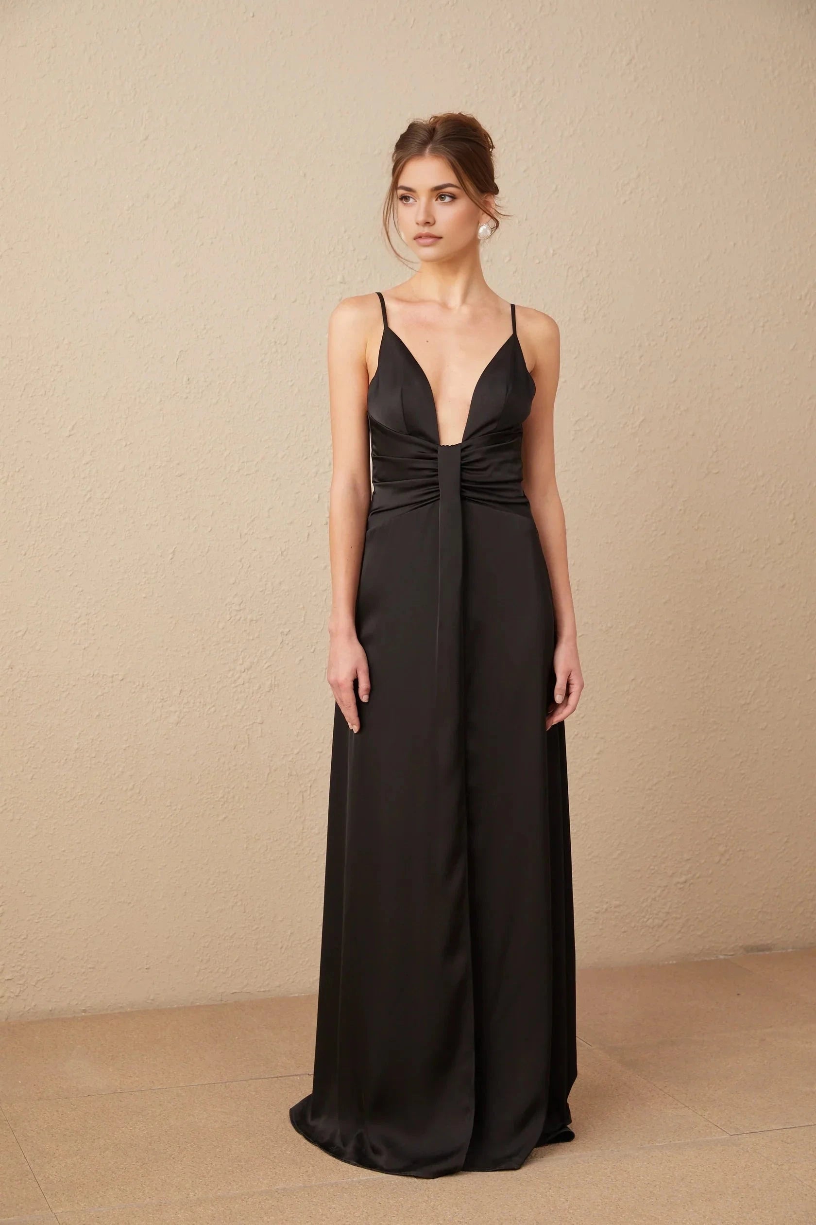 Black Satin Deep V - Neck Maxi Dress with Side Slit black satin V-neck front-slit maxi dress Evening Dress by YiHuiw