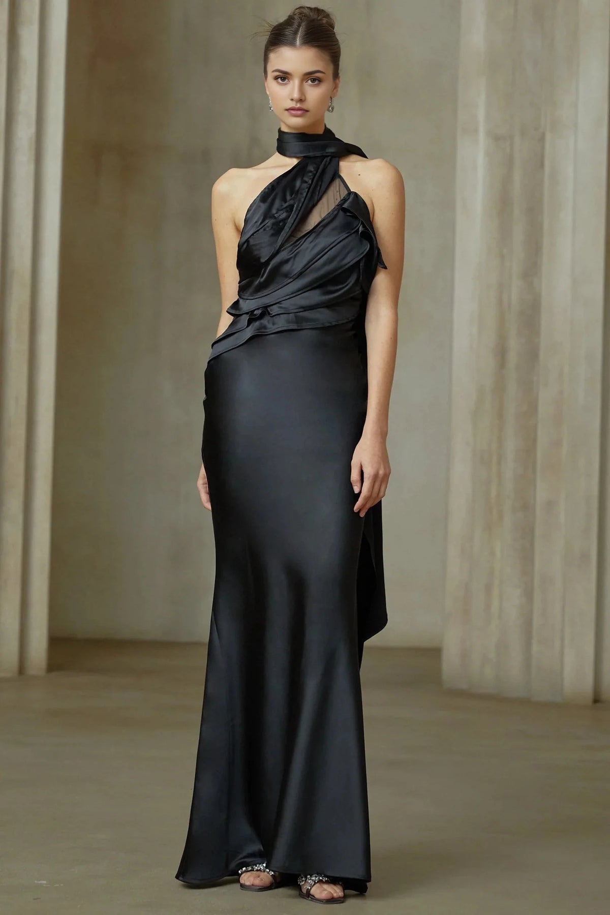 Black Satin Halter Maxi Dress with Open Back Maureen black ribbon-design satin maxi dress Evening Dress by YiHuiw