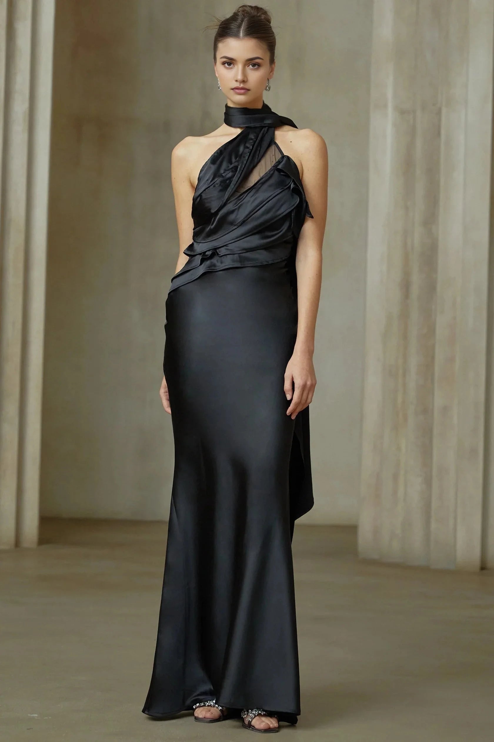 Black Satin Halter Maxi Dress with Open Back Maureen black ribbon-design satin maxi dress Evening Dress by YiHuiw