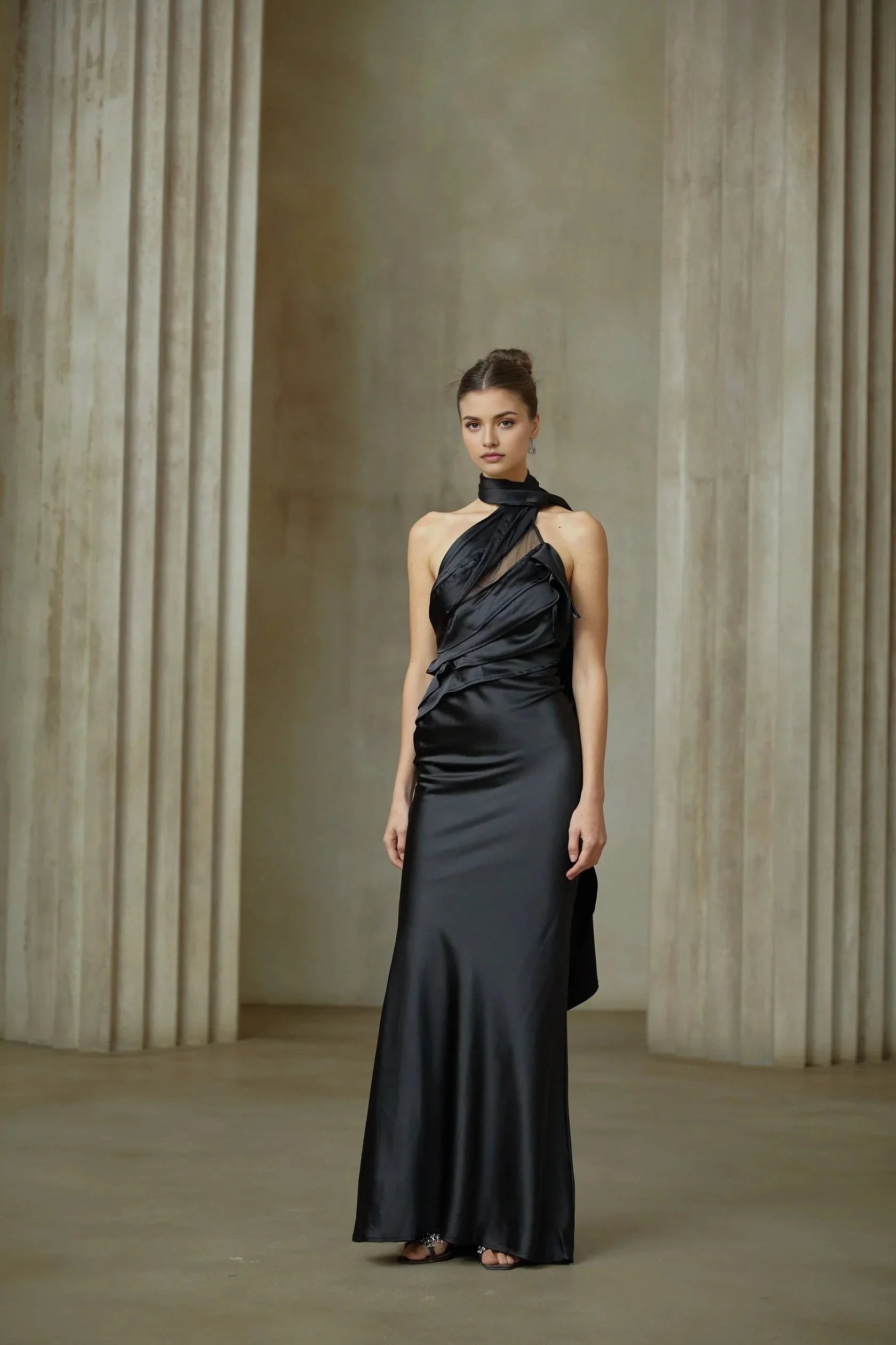Black Satin Halter Maxi Dress with Open Back Maureen black ribbon-design satin maxi dress Evening Dress by YiHuiw