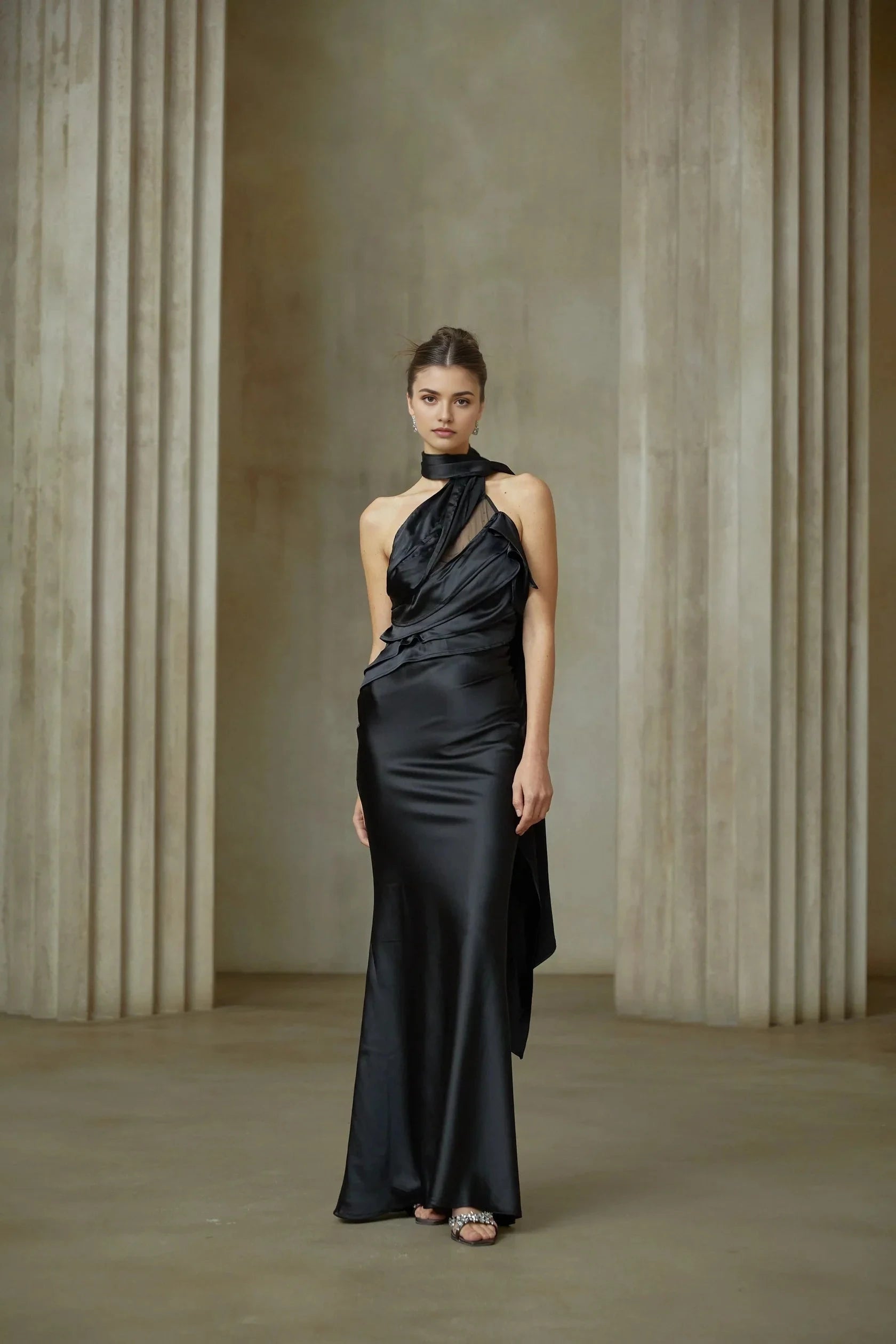 Black Satin Halter Maxi Dress with Open Back Maureen black ribbon-design satin maxi dress Evening Dress by YiHuiw
